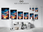 A size comparison chart in an interior setting showcasing the Starry Night artwork. This helps you visualize the perfect size for your space. Choose the ideal dimensions for your celestial canvas. Enhance your home with modern art