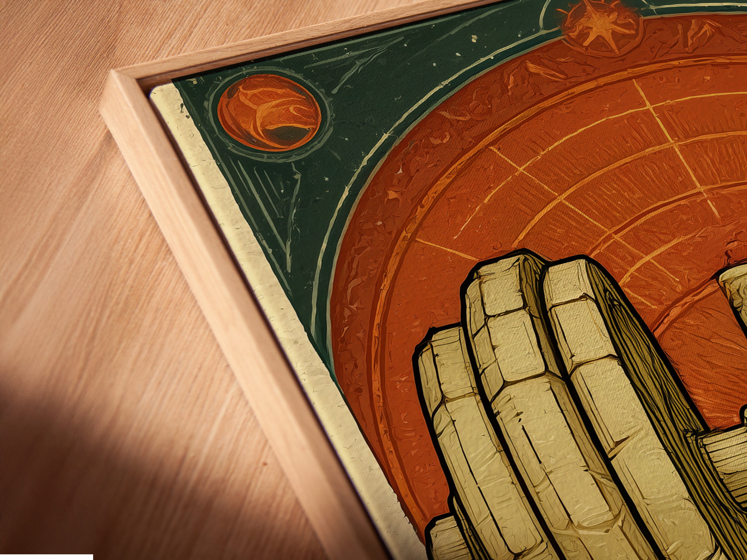 Angled close-up of a canvas print featuring vintage dumbbell artwork in a floating frame. The frame enhances the art deco style of the retro gym poster. Perfect for adding a unique touch to your home gym decor. This fitness wall art brings a classic and stylish feel to any workout space. It will elevate your fitness area with this eye-catching piece.