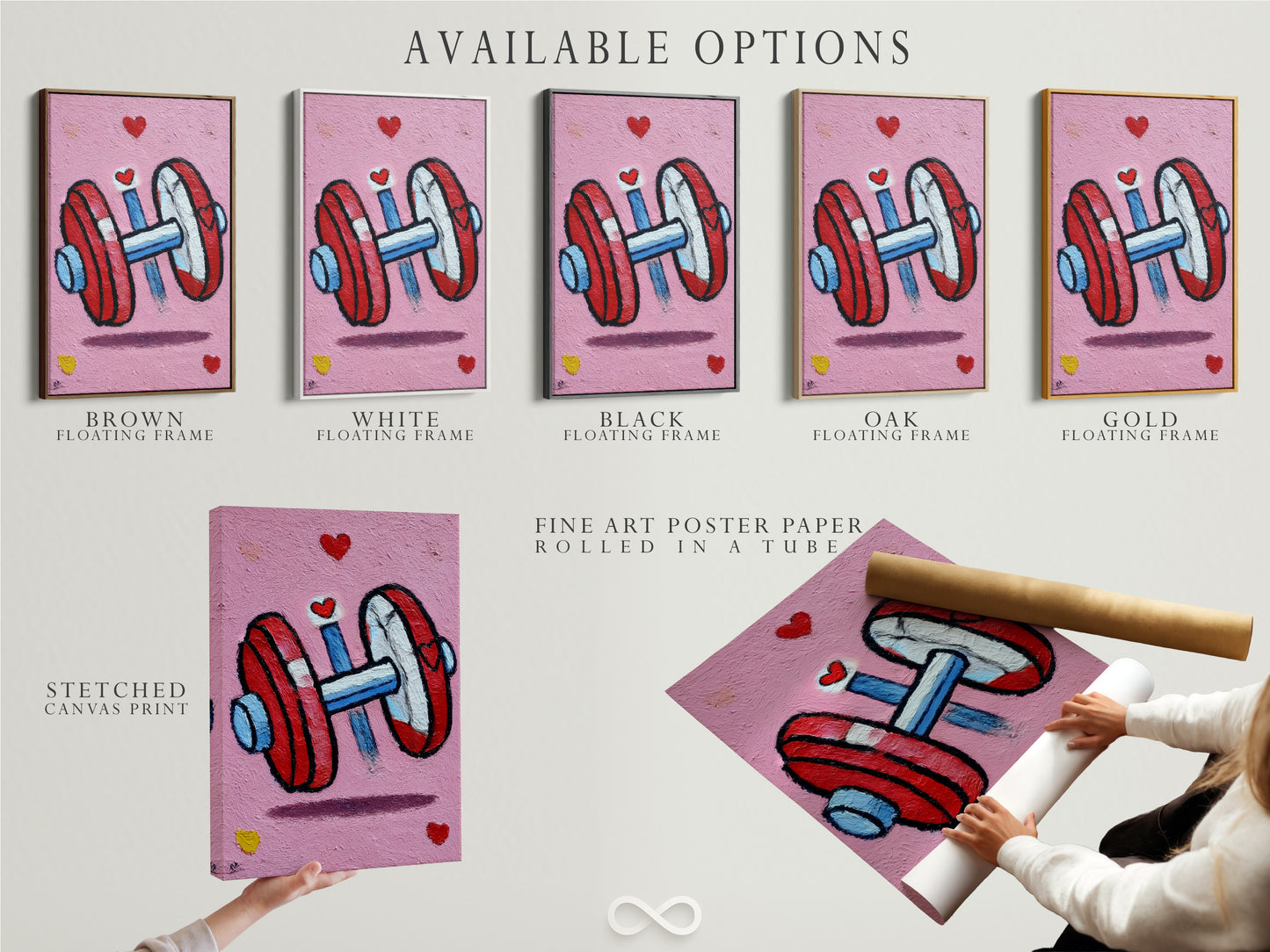 Available options for dumbbell artwork. Choose from a stretched canvas print or a fine art poster paper print. Consider a floating frame to enhance your artwork. This fitness motivation wall art is perfect for any home gym. Customize your workout decor today.