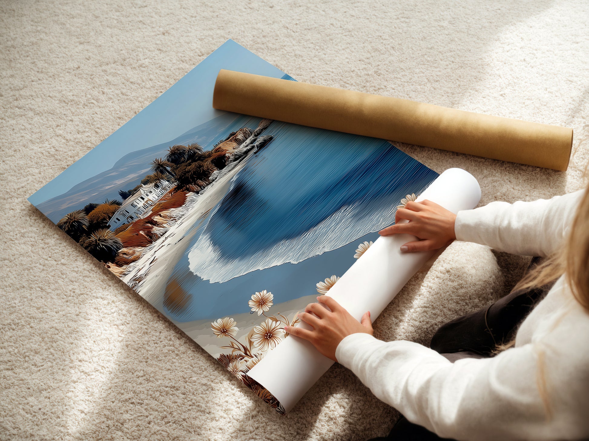 A woman is carefully rolling a fine art poster paper of a coastal beach scene. This high-quality print captures a serene California seascape. This neutral tone artwork is perfect for creating a calming atmosphere in any space. Ideal for beach house decor.
