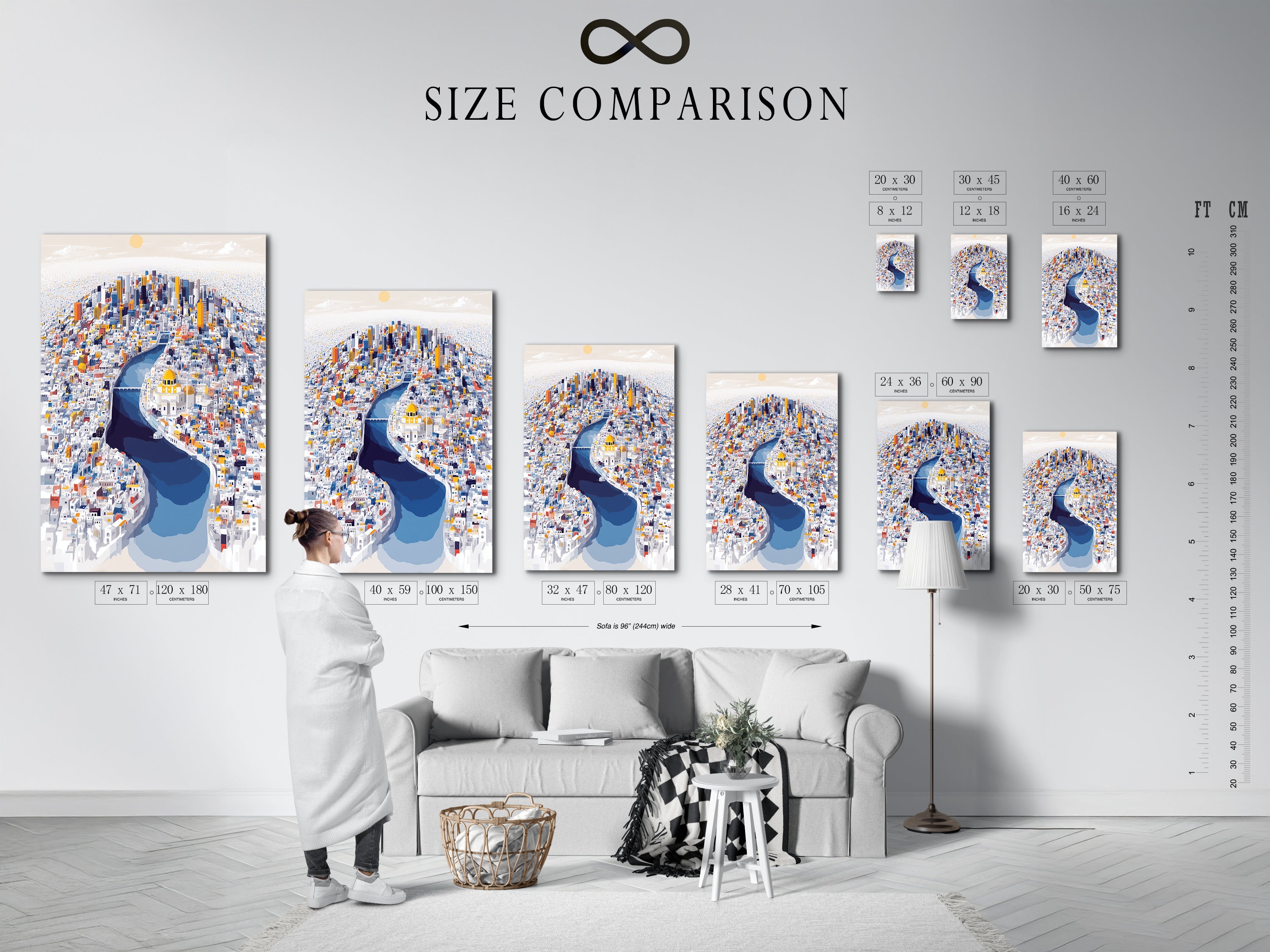 A size comparison chart is displayed in an interior setting. This chart helps you visualize the cityscape artwork in different sizes. Find the perfect fit for your living room or office. Choose from various sizes to match your wall decor needs. Ensure the artwork complements your space.