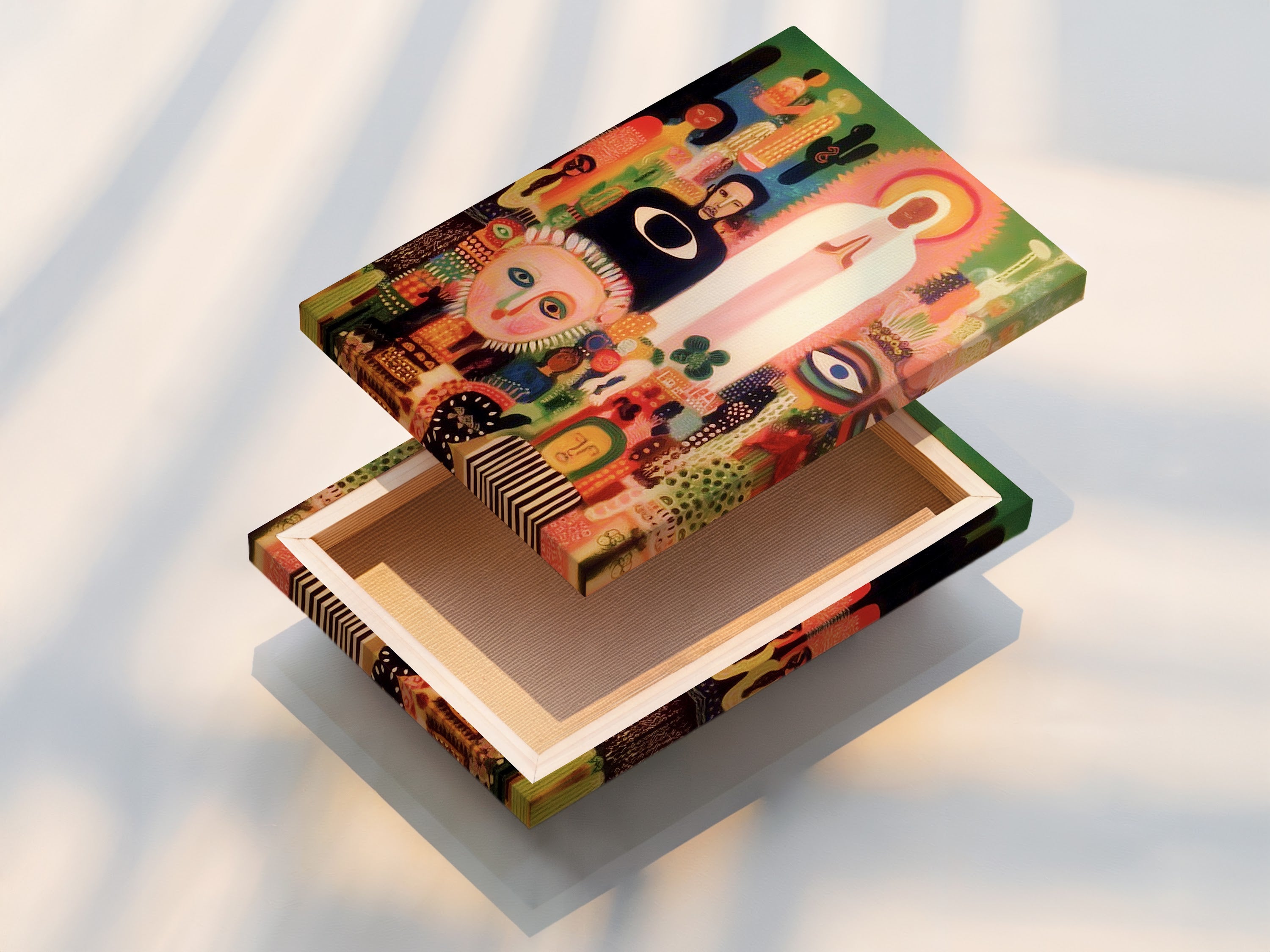 A stretched canvas print of folk art. This mystical spiritual wall art is ready to hang. The colorful abstract faces art adds vibrancy to any room. The stretched canvas ensures a gallery-quality look. Perfect for bohemian decor.