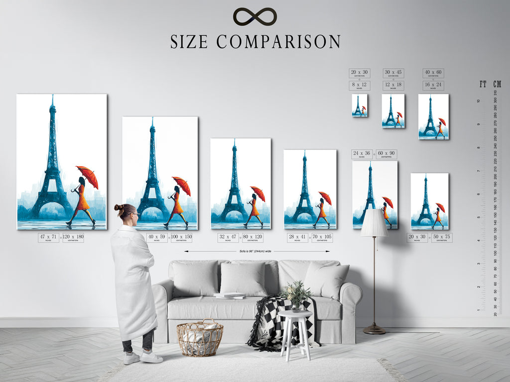 A size comparison chart is displayed in an interior setting. The chart shows available sizes for Eiffel Tower art. The Parisian woman with umbrella wall art is showcased. Find the perfect size for your space. Shop now for office wall decor and travel canvas prints. Explore French artwork and Parisian decor options.