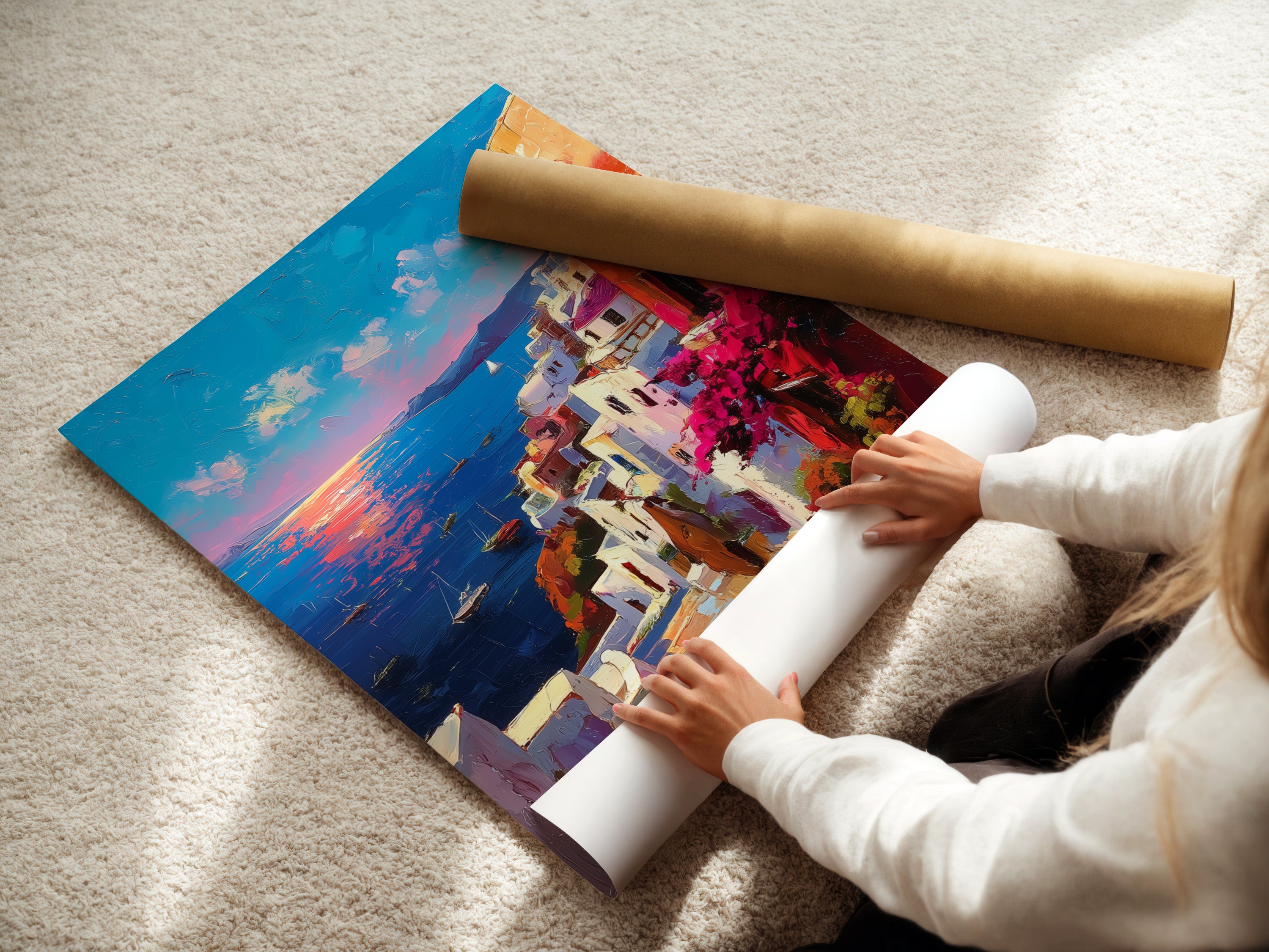 A woman is carefully rolling a fine art poster paper. The poster paper is high-quality. It's perfect for printing detailed artwork. Preserve and protect your artwork with this paper. Handle your art with care for lasting beauty. The woman is making sure there are no creases.
