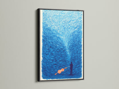The musical canvas print is elegantly presented in a black frame. The dark frame accentuates the vibrant colors of the surreal violin wall artwork. Indigo blue art print provides a sophisticated touch. Suitable for modern minimalist and Scandinavian decor.