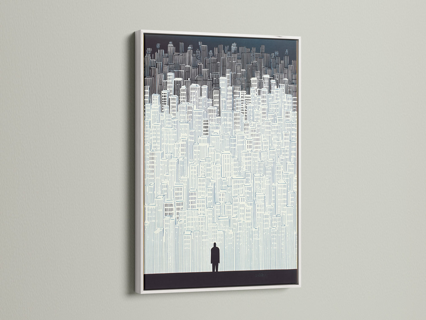 The cityscape artwork is elegantly framed in white. The white frame provides a clean and modern look. This minimalist building wall art is perfect for any room. The urban silhouette poster adds sophistication. Enhance your office decor with this print.