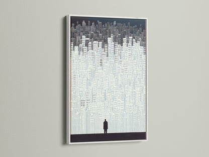 The cityscape artwork is elegantly framed in white. The white frame provides a clean and modern look. This minimalist building wall art is perfect for any room. The urban silhouette poster adds sophistication. Enhance your office decor with this print.