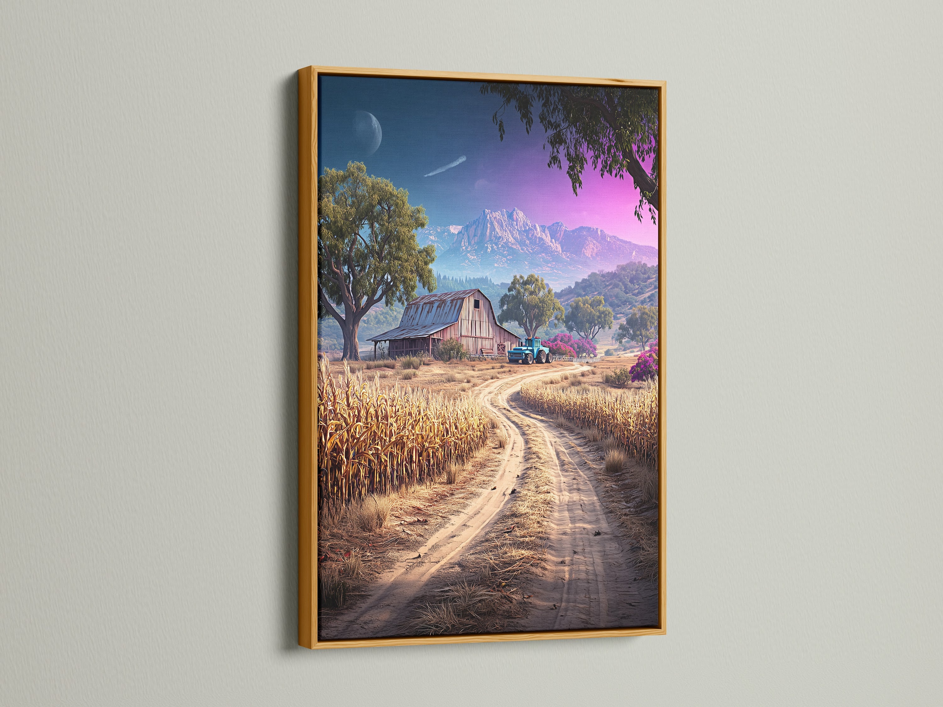 Farm Landscape artwork in a gold frame. The artwork captures a rustic barn and a golden field. The countryside decor adds a touch of elegance to your walls. This farmhouse art is perfect for a dining room or living room. Enjoy the beauty of this rural landscape in your home with this vintage farm art.