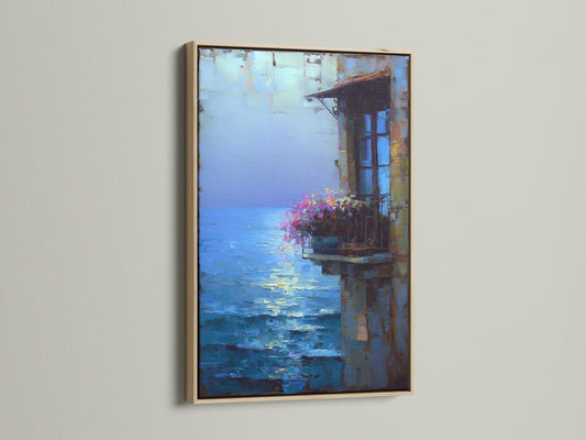 This artwork features an oak frame. The Mediterranean Balcony artwork brings a coastal aesthetic. It's a serene blue ocean art ideal for creating a calming bedroom decor ambiance.