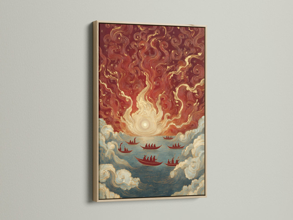 Discover Asian Maritime artwork framed in oak. This vintage Chinese ships print adds a touch of tradition to any room. The nautical canvas art is perfect for coastal or eclectic styles. Red and gold colors enhance its appeal.
