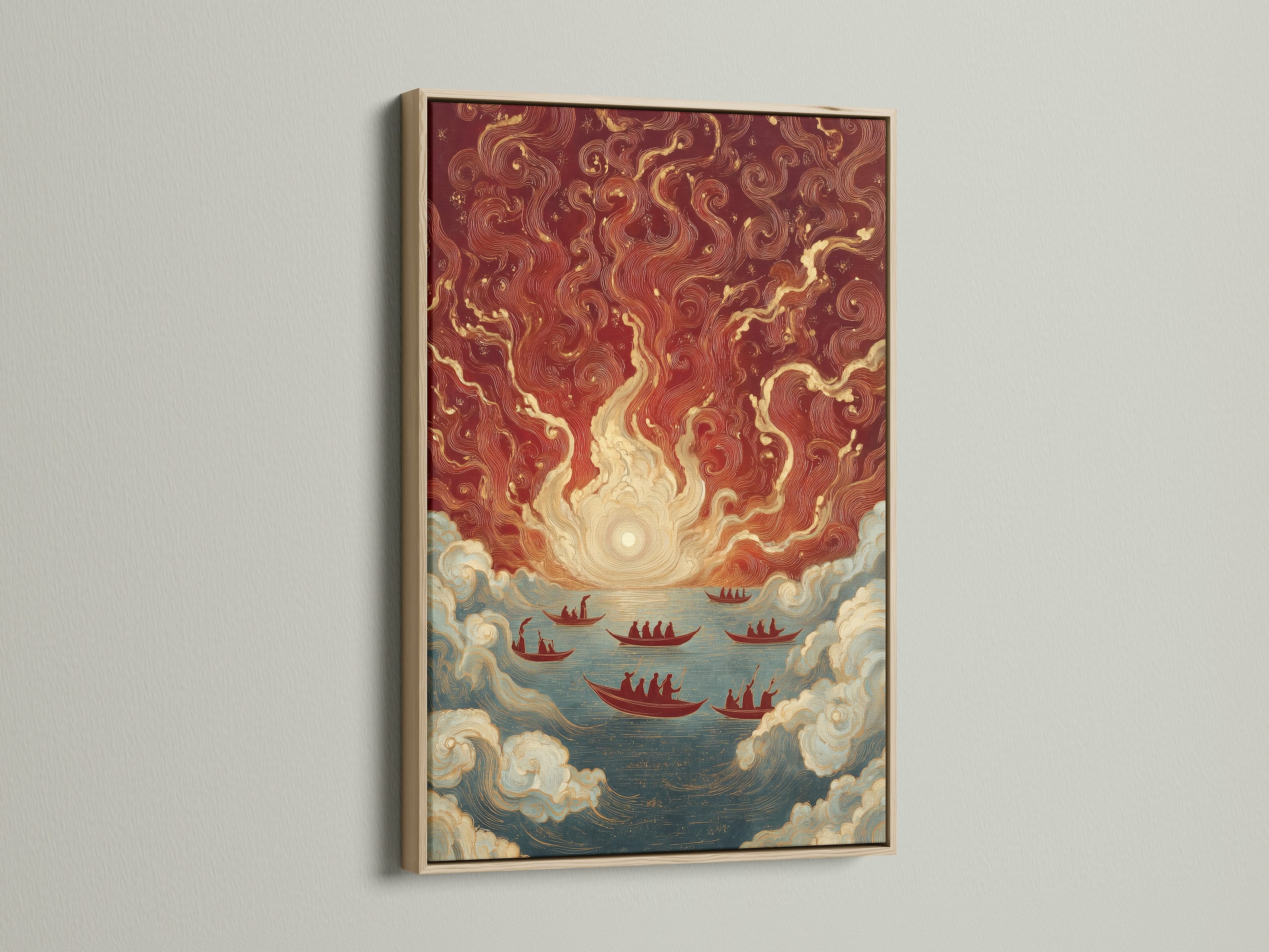 Discover Asian Maritime artwork framed in oak. This vintage Chinese ships print adds a touch of tradition to any room. The nautical canvas art is perfect for coastal or eclectic styles. Red and gold colors enhance its appeal.