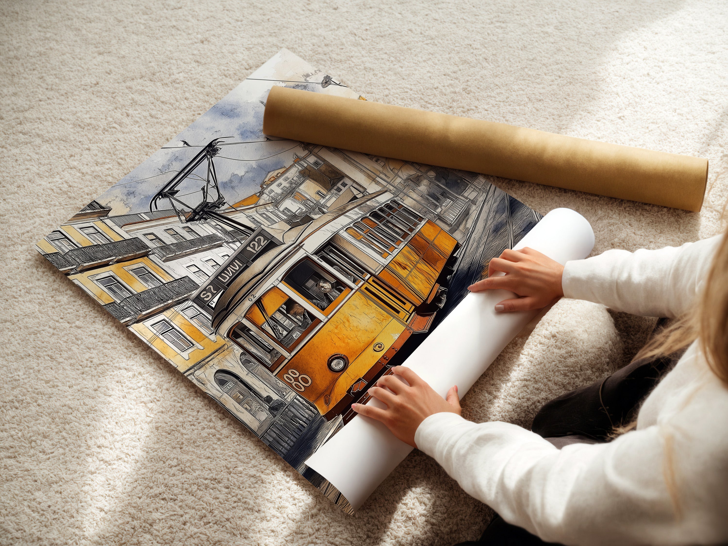 A woman carefully rolls a fine art poster paper featuring vintage tram art. The Lisbon street scene is ready to be displayed. High-quality printing ensures the yellow streetcar poster captures every detail. Perfect for collectors and art enthusiasts.