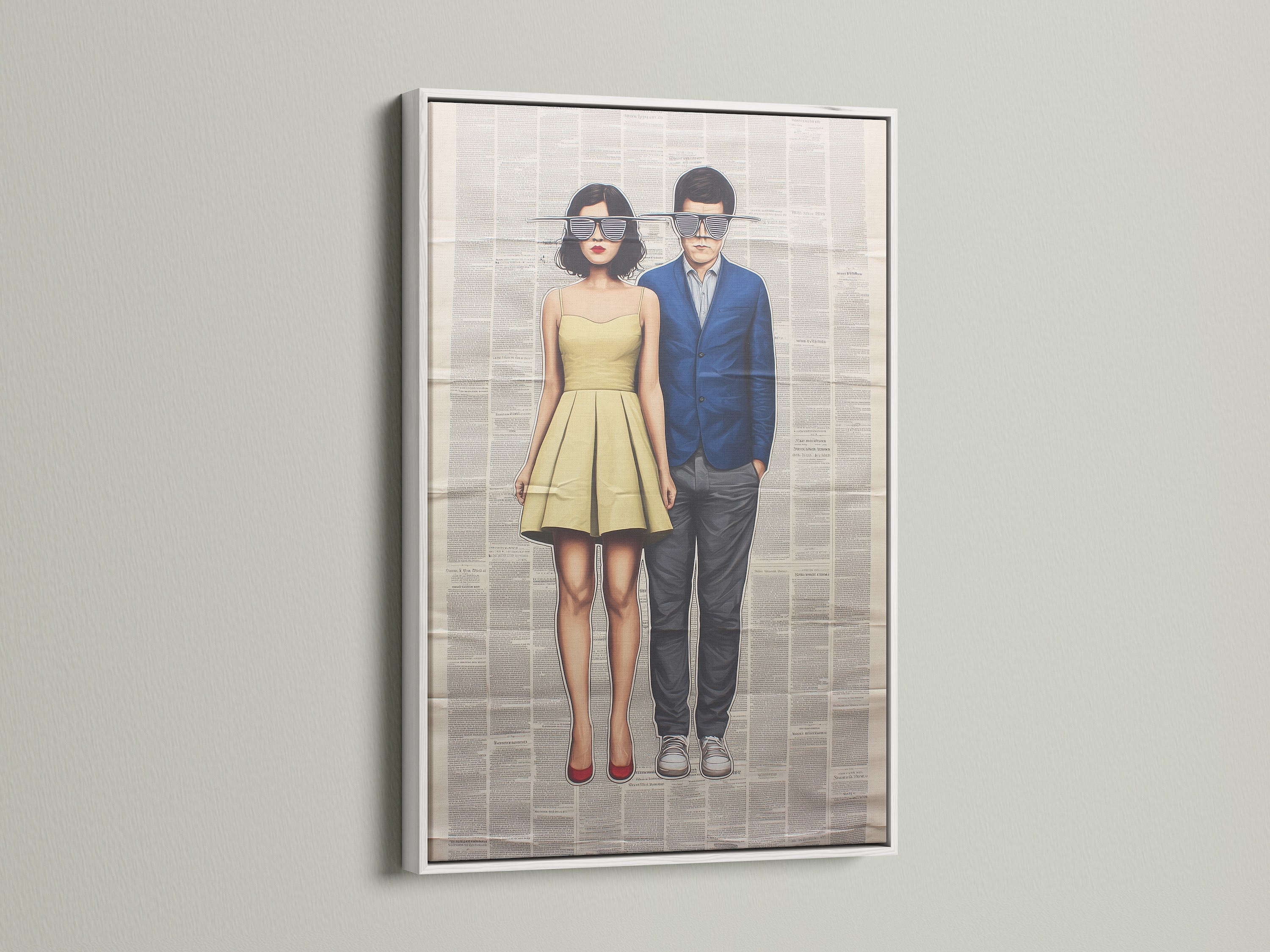 Retro couple art print with a clean white frame. This modern vintage art complements minimalist and Scandinavian styles. Add a touch of retro pop art to your home with this unique framed artwork.