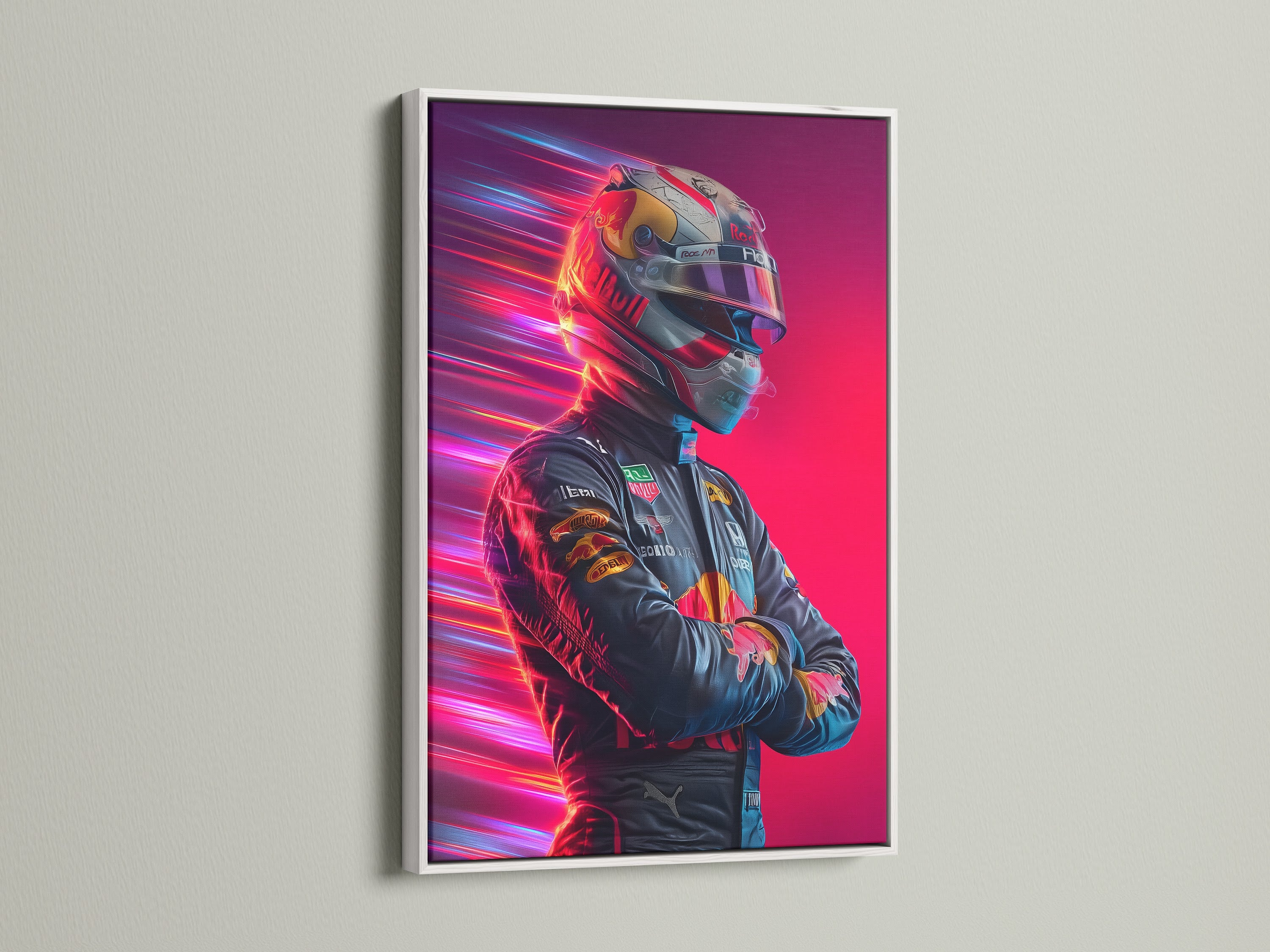 Formula Racing Canvas Print with a White Frame.  This artwork showcases a neon driver portrait. It is designed to complement modern sports wall decor. A stylish addition to man caves and minimalist spaces. It enhances any racing-themed room.