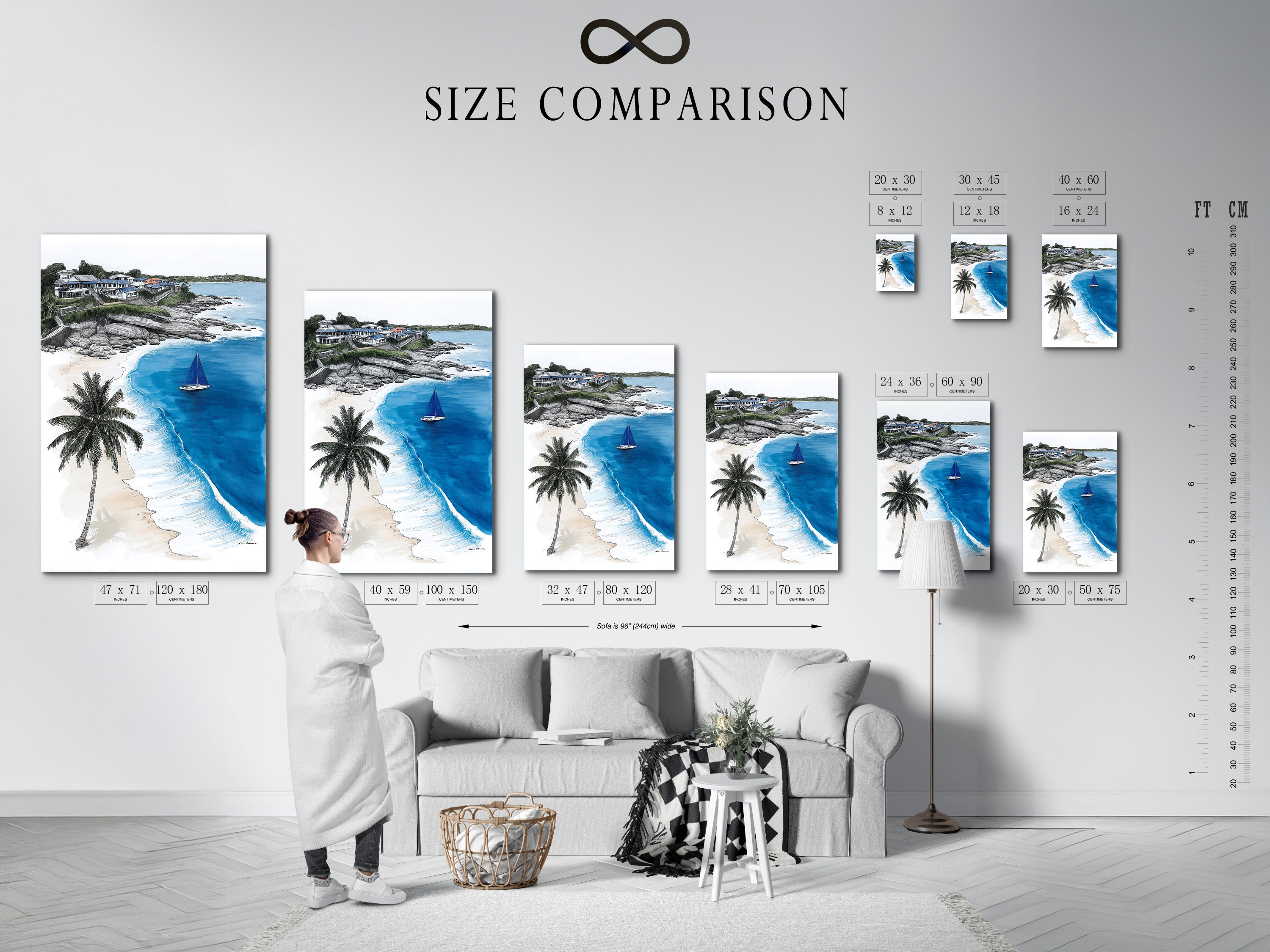 Size comparison chart for coastal beach artwork in an interior setting. See how this tropical ocean artwork fits your space. The sailboat print is perfect for beach house decor. Visualize sea view art in your home. Great nautical wall art.