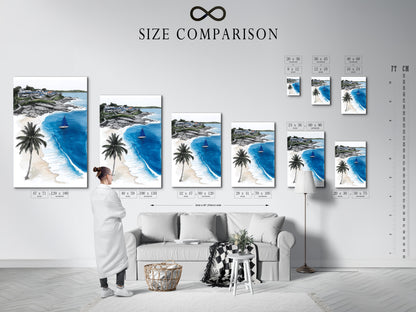 Size comparison chart for coastal beach artwork in an interior setting. See how this tropical ocean artwork fits your space. The sailboat print is perfect for beach house decor. Visualize sea view art in your home. Great nautical wall art.