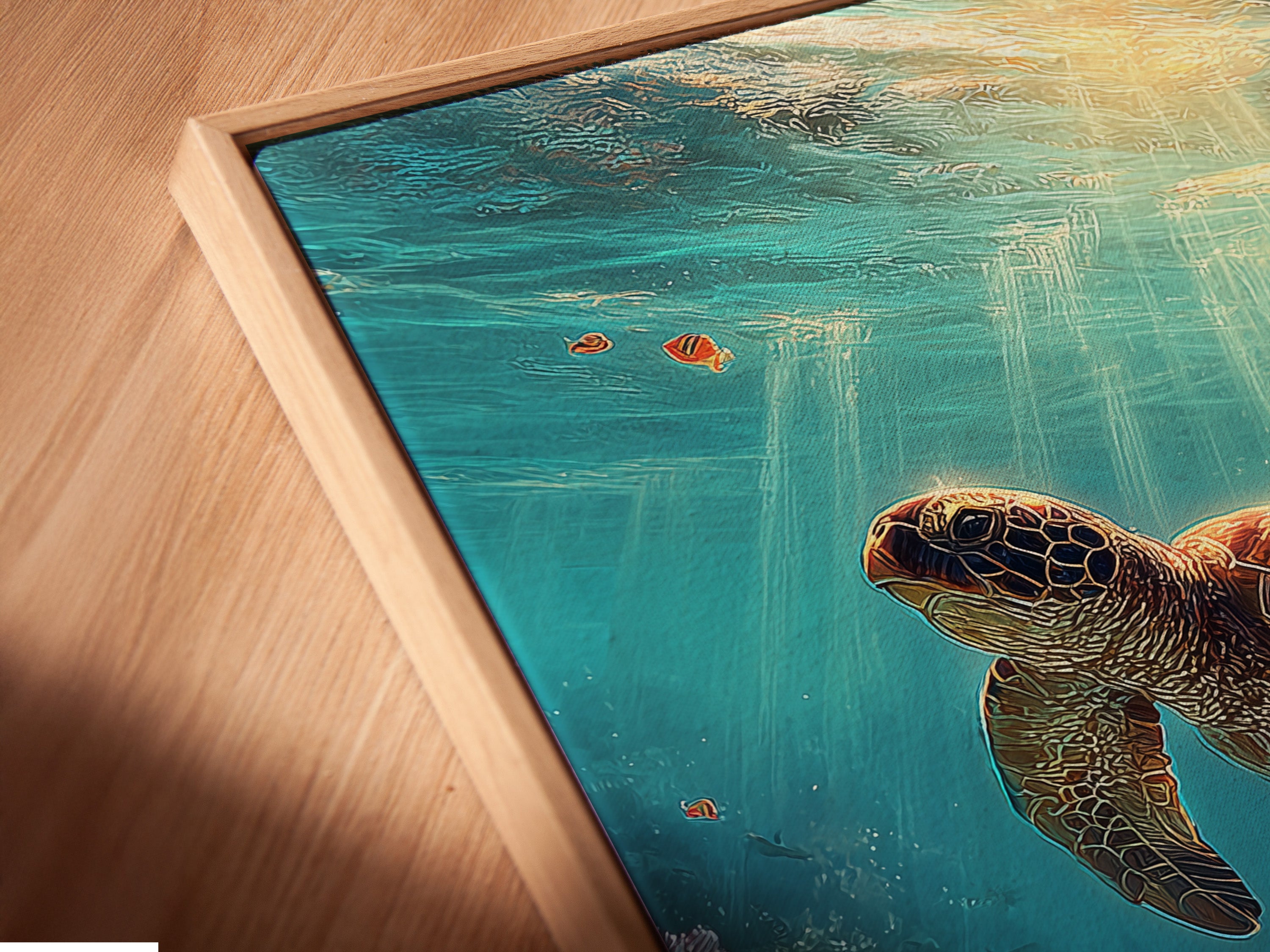 A close-up angled view shows a canvas print in a floating frame. The sea turtle artwork seems to float off the wall. This style adds a modern touch to ocean wall art. Perfect for a contemporary beach-inspired space.