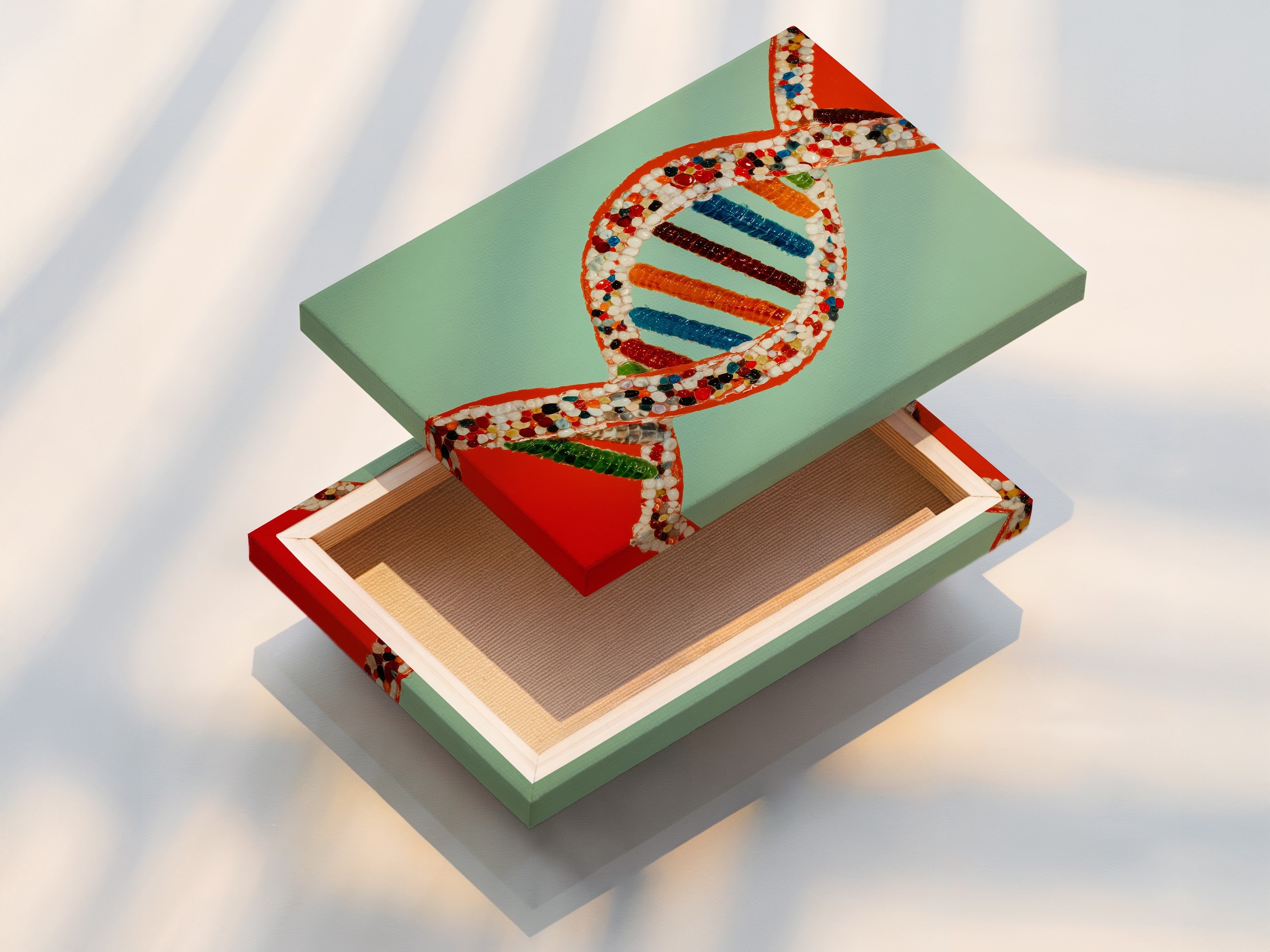 Stretched canvas print displaying DNA Molecule art. The vibrant colors and genetic code make it a standout piece. This biology artwork is perfect for modern wall decor. Ideal for living rooms bedrooms or offices. A unique science gift that elevates any space with contemporary style