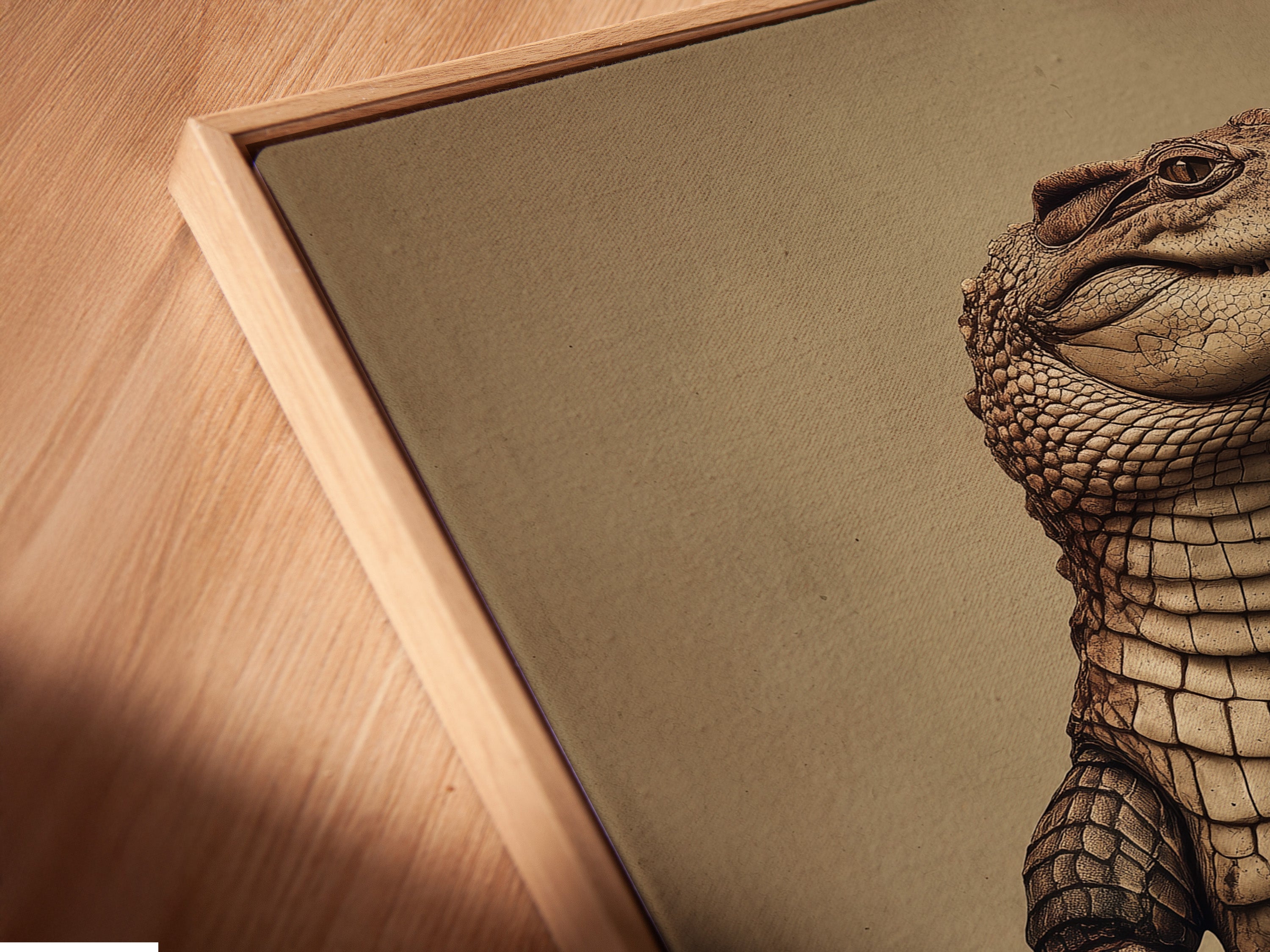This is a close-up of our canvas print in a floating frame. The vintage animal art creates a unique look. The sepia wildlife poster adds a rustic touch. The alligator artwork is ideal for man cave decor. See the fine details of this piece.