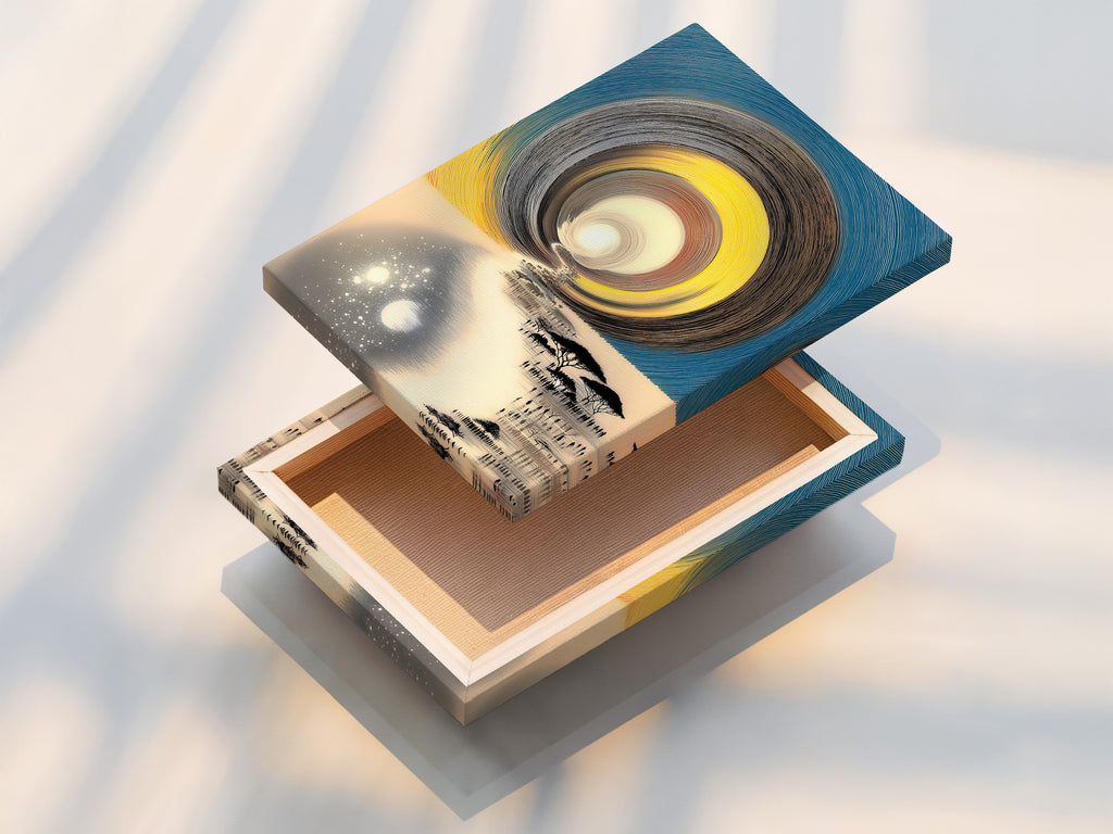 Close-up showcases a stretched canvas print. The canvas is tightly pulled for a smooth surface. Stretched canvas prints are ready to hang. Perfect for living room artwork. Explore the texture and depth of stretched canvas. See how it brings artwork to life in your home.