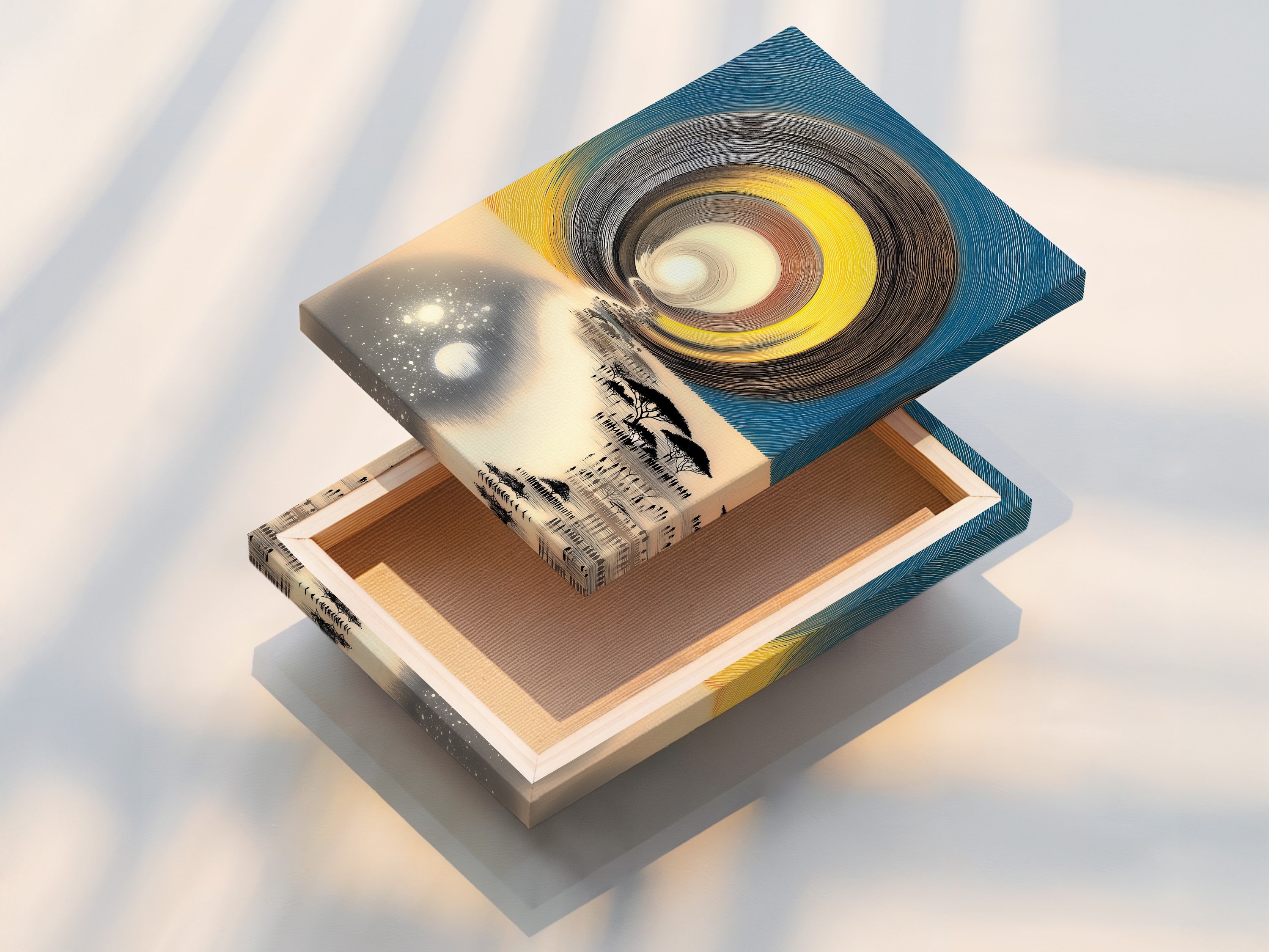 Close-up showcases a stretched canvas print. The canvas is tightly pulled for a smooth surface. Stretched canvas prints are ready to hang. Perfect for living room artwork. Explore the texture and depth of stretched canvas. See how it brings artwork to life in your home.