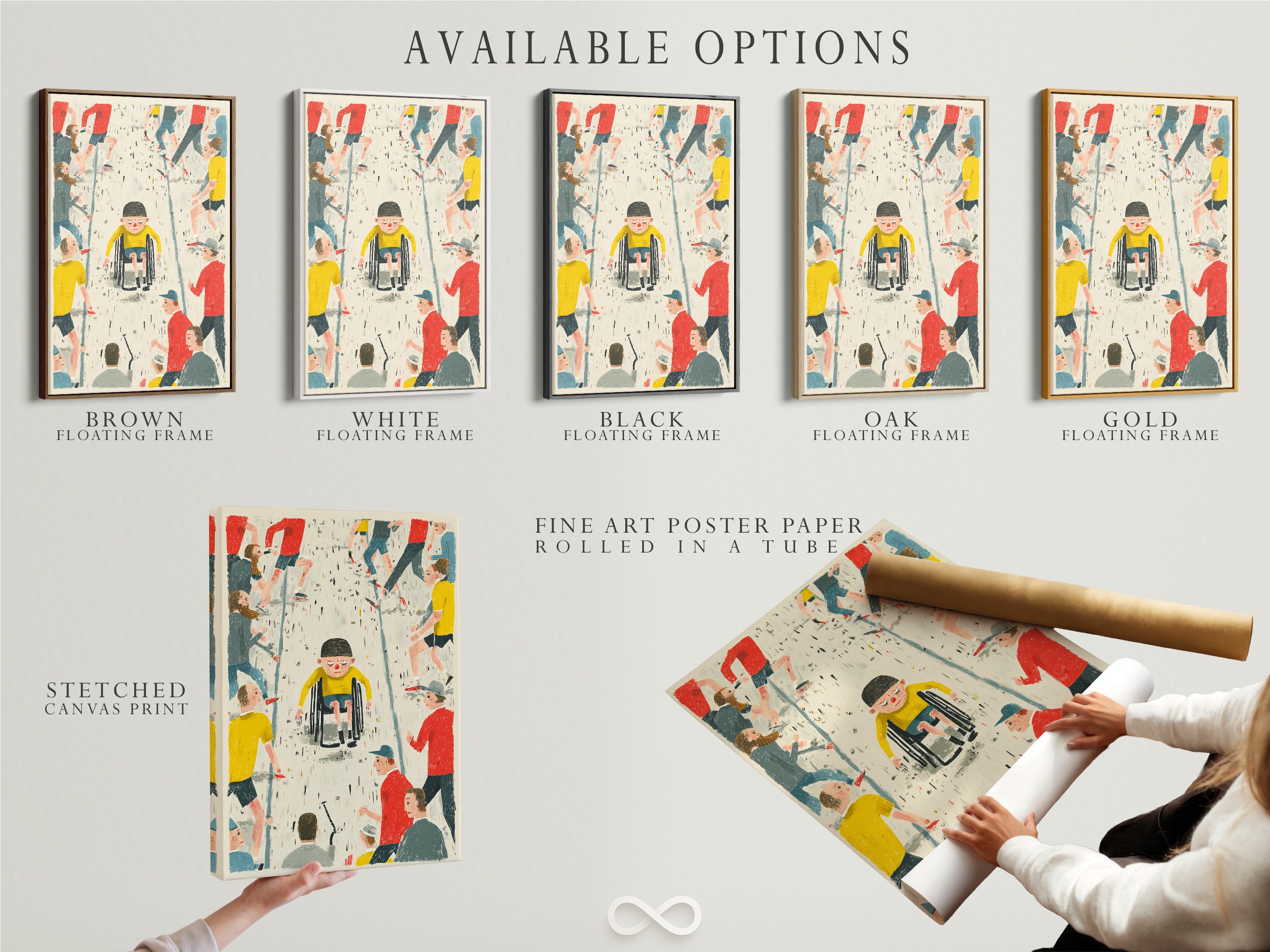 Available options include a stretched canvas print a fine art poster paper and a floating frame. All feature inclusive artwork with a child in a wheelchair. Select the perfect medium to promote unity and accessibility. These options are great for social workers therapists and teachers.