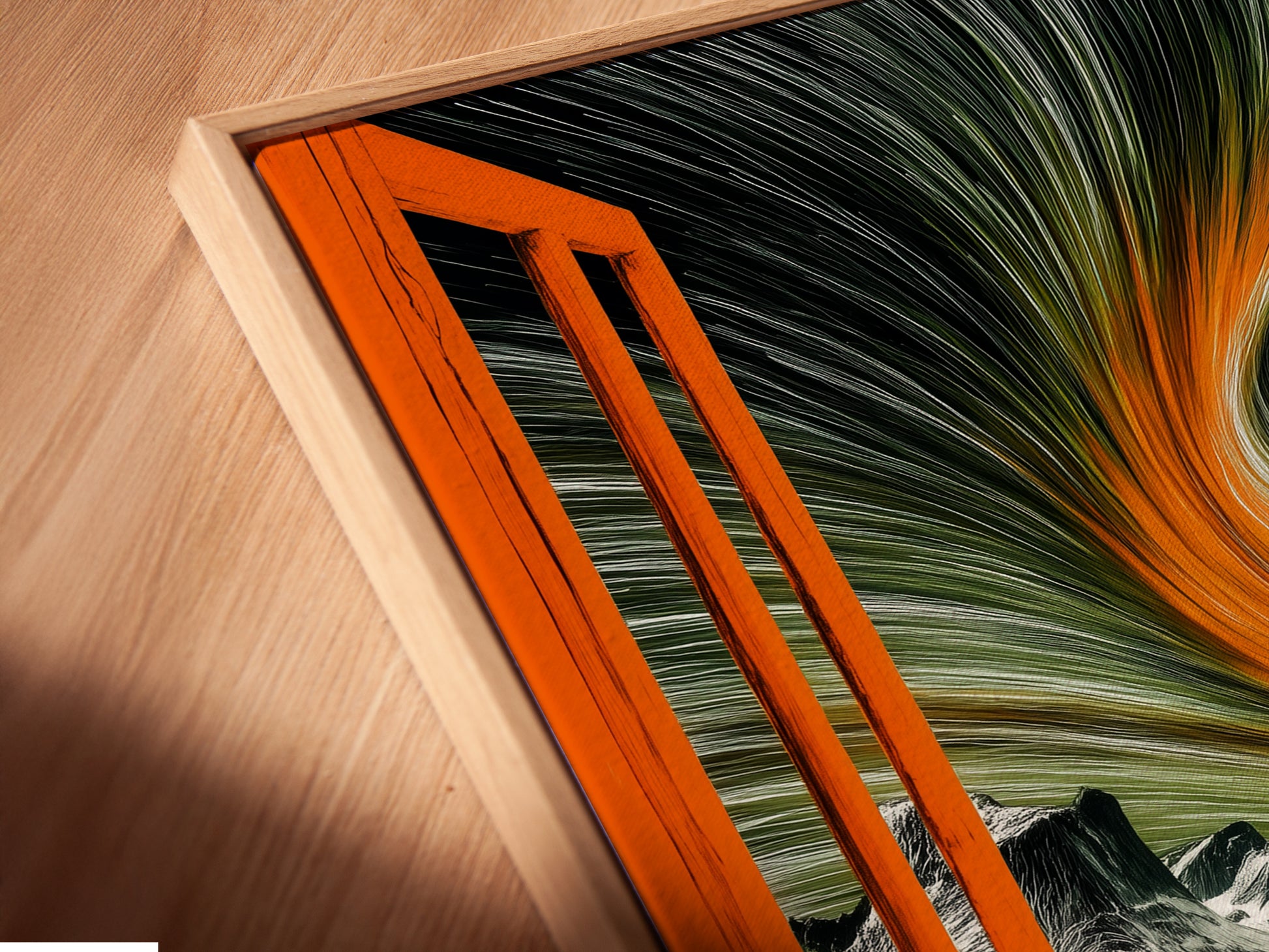 A close-up angled view reveals the exquisite details of this canvas print. It is set in a floating frame. The aurora borealis artwork features an arctic landscape. The open window view brings a touch of nature indoors. The floating frame adds depth and dimension. It enhances the overall aesthetic of this modern wall art. Perfect for adding a sophisticated touch to any space.