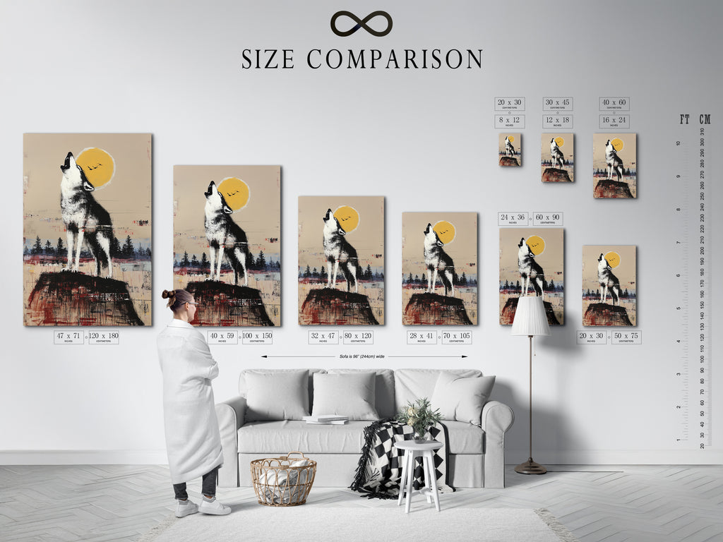 Size comparison chart in an interior setting. See how our stretched canvas prints fine art posters and floating frames fit in your space. Choose the perfect size for your rustic wildlife wall art. Featuring a howling wolf artwork.