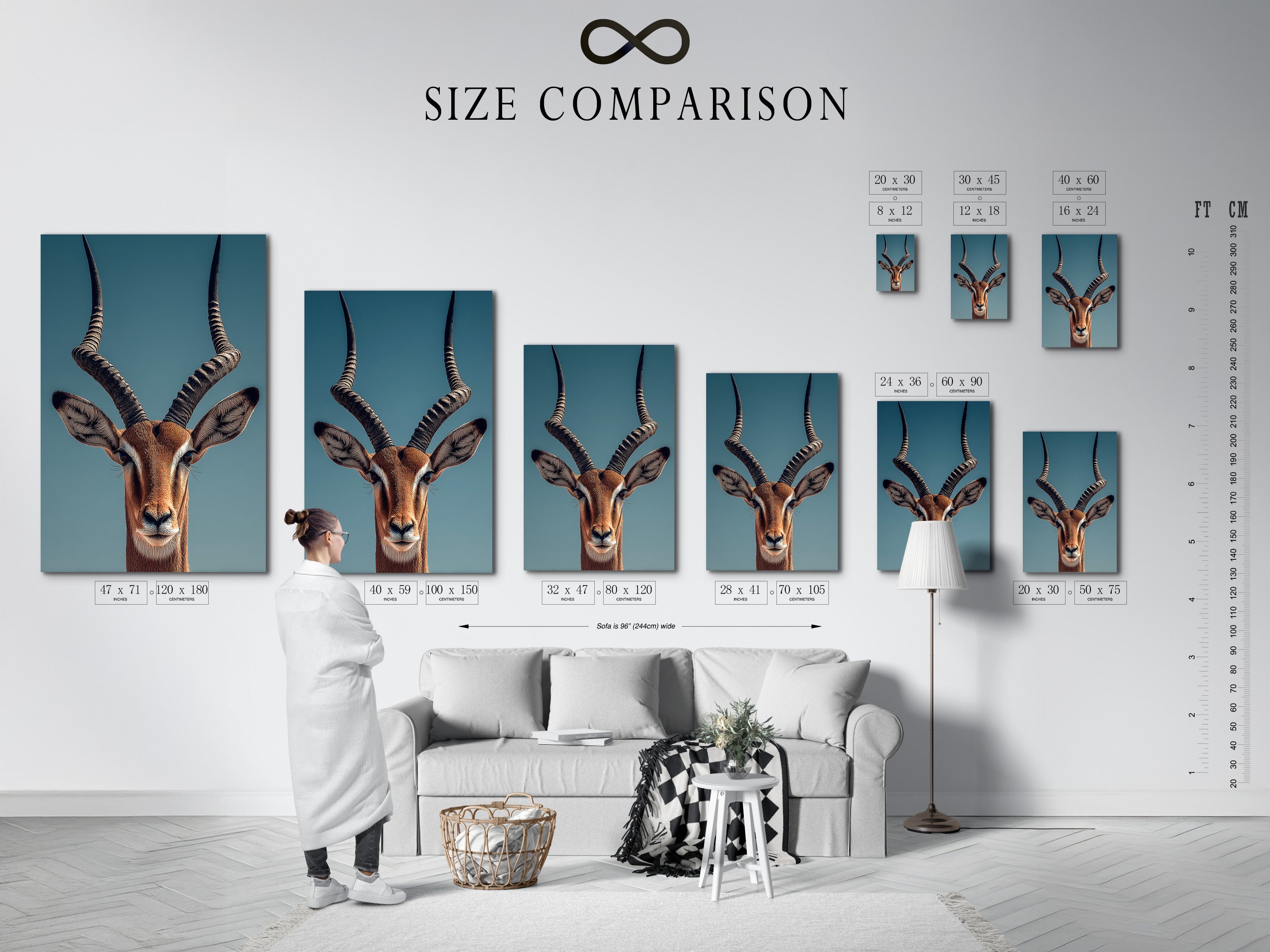 A size comparison chart is presented. It shows how the artwork will look in an interior setting. Visualize the perfect size for your space. Make an informed decision before you buy.