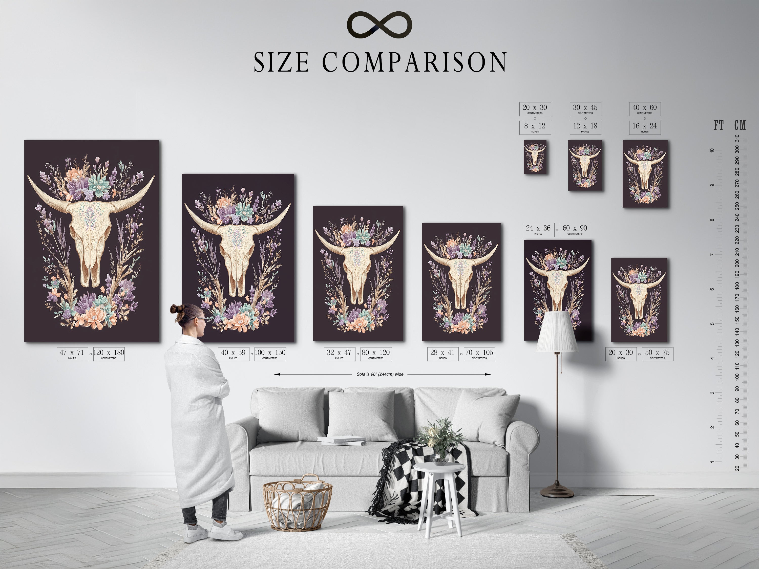 A size comparison chart is shown in an interior setting. The chart helps visualize art dimensions. It helps you choose the perfect size for your space. The interior setting gives a sense of scale. Consider this chart when planning your art arrangement.