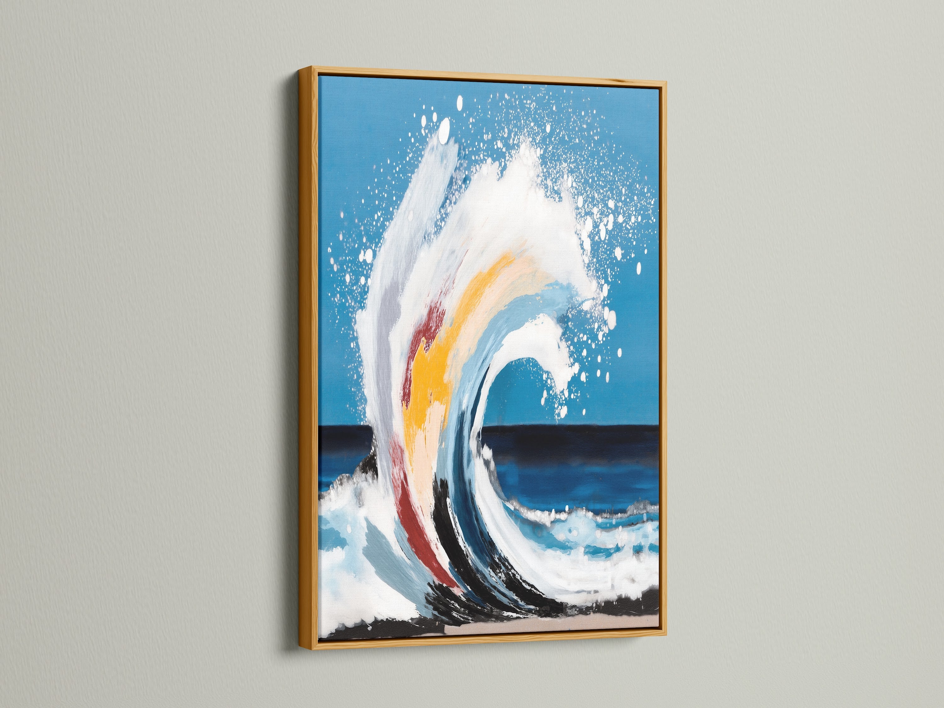 The gold frame adds a touch of elegance to the ocean wave artwork. This frame makes the teal blue colors shine. Elevate your coastal wall art with this luxurious touch. This artwork is perfect for any room.