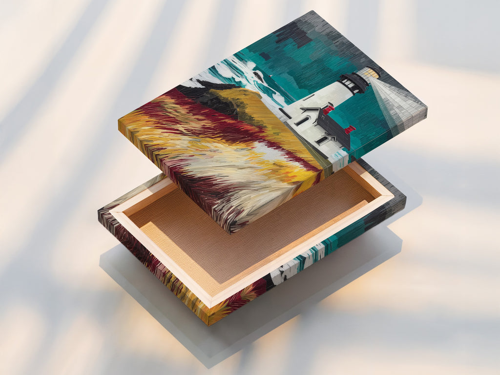 A stretched canvas print of the lighthouse coastal artwork is featured. This nautical seascape print is ready to hang and enjoy. The stretched canvas provides a gallery-worthy look. Perfect for adding a touch of the ocean to any room without the need for framing. Enhance your coastal artwork collection with this stunning piece.