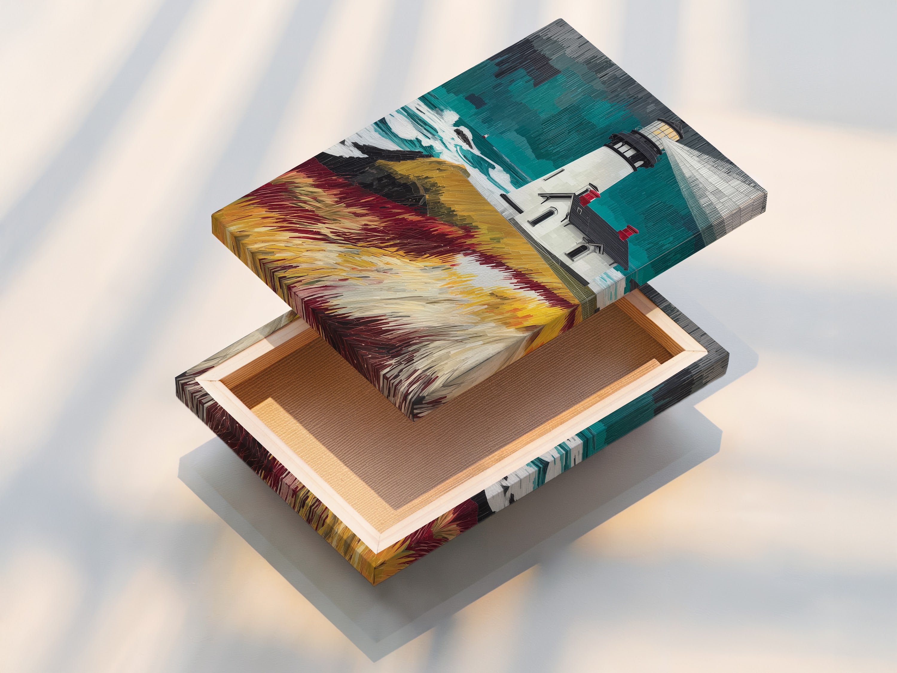 A stretched canvas print of the lighthouse coastal artwork is featured. This nautical seascape print is ready to hang and enjoy. The stretched canvas provides a gallery-worthy look. Perfect for adding a touch of the ocean to any room without the need for framing. Enhance your coastal artwork collection with this stunning piece.