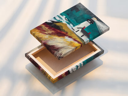 A stretched canvas print of the lighthouse coastal artwork is featured. This nautical seascape print is ready to hang and enjoy. The stretched canvas provides a gallery-worthy look. Perfect for adding a touch of the ocean to any room without the need for framing. Enhance your coastal artwork collection with this stunning piece.