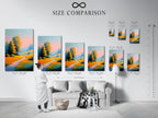 A size comparison chart is displayed in an interior setting. This helps visualize how the golden meadow path artwork will fit in your space. The chart allows you to choose the perfect dimensions for your wall decor. Ensure the ideal fit for this stunning landscape wall art.