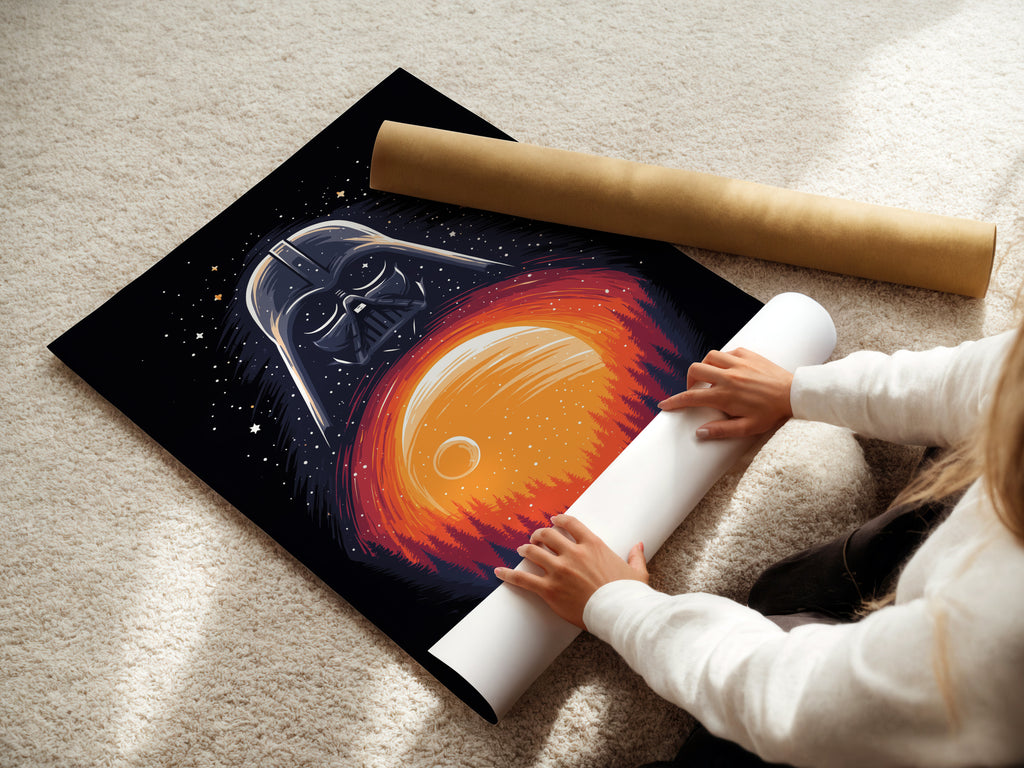 A woman is carefully rolling a fine art poster paper. It is part of the Darth Vader Star Wars collection. The poster paper ensures the artwork is pristine. Get your sci-fi wall art ready for display. This art is perfect for any space.