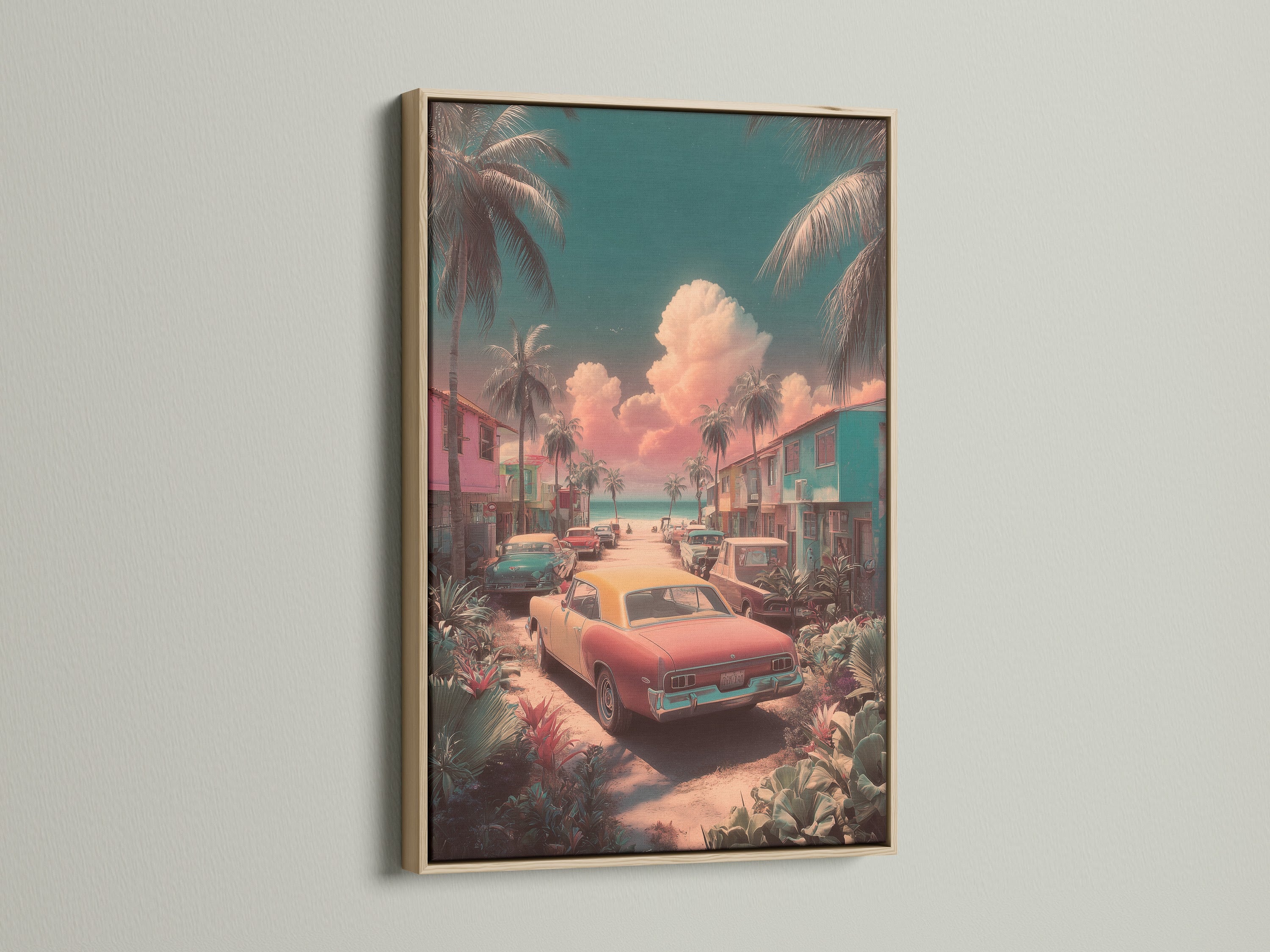 Artwork featuring a retro car scene is displayed in an oak frame. The oak frame adds a touch of natural warmth to the art. The artwork is beautifully enhanced by the oak frame's texture. This artwork is perfect for adding a touch of nostalgia to your space.