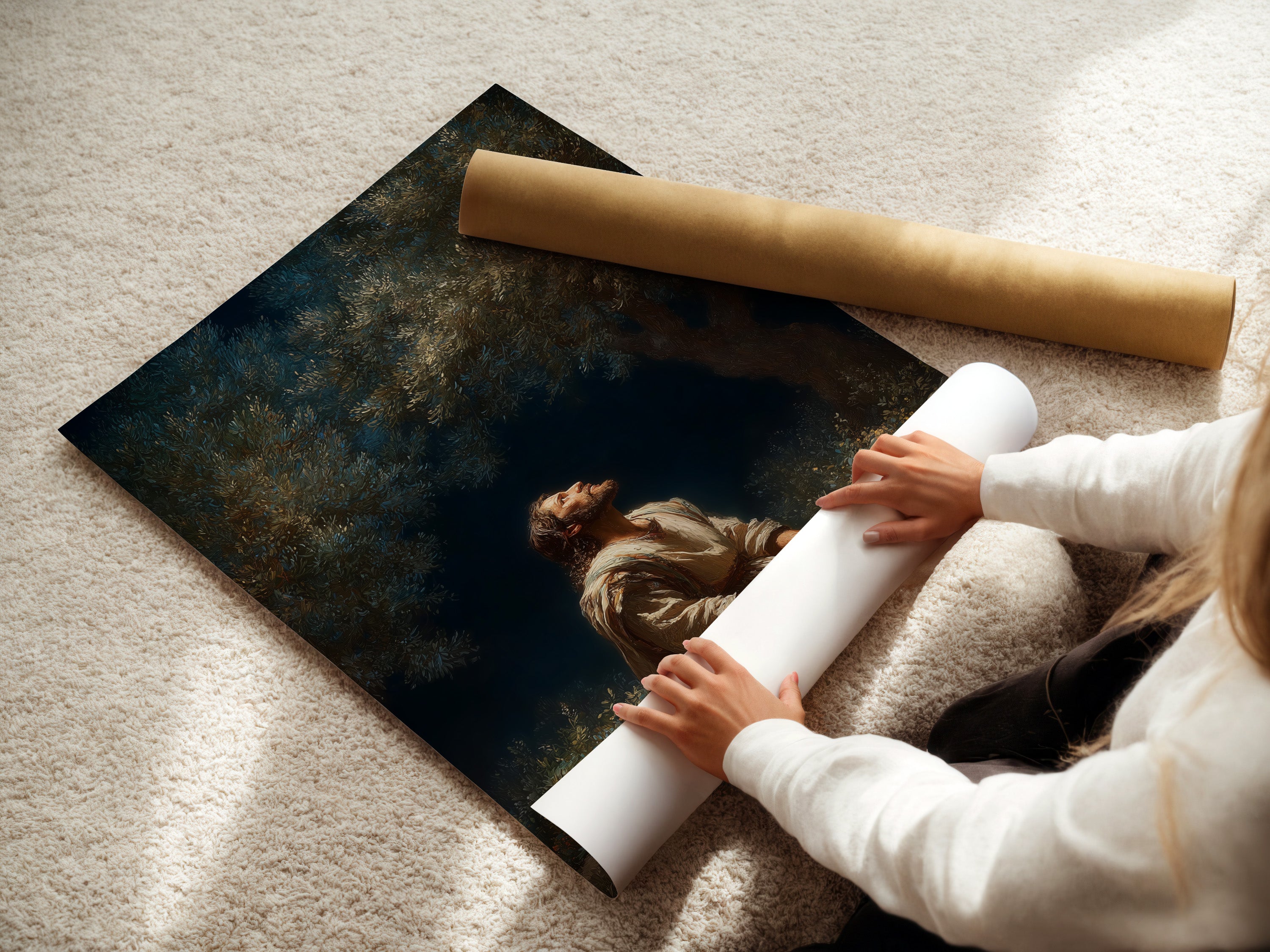 Watch a woman carefully rolling fine art poster paper. The fine art paper ensures the artwork's quality. It preserves its beauty for years to come. Experience the art of preservation with our premium materials. This paper is durable and long-lasting.