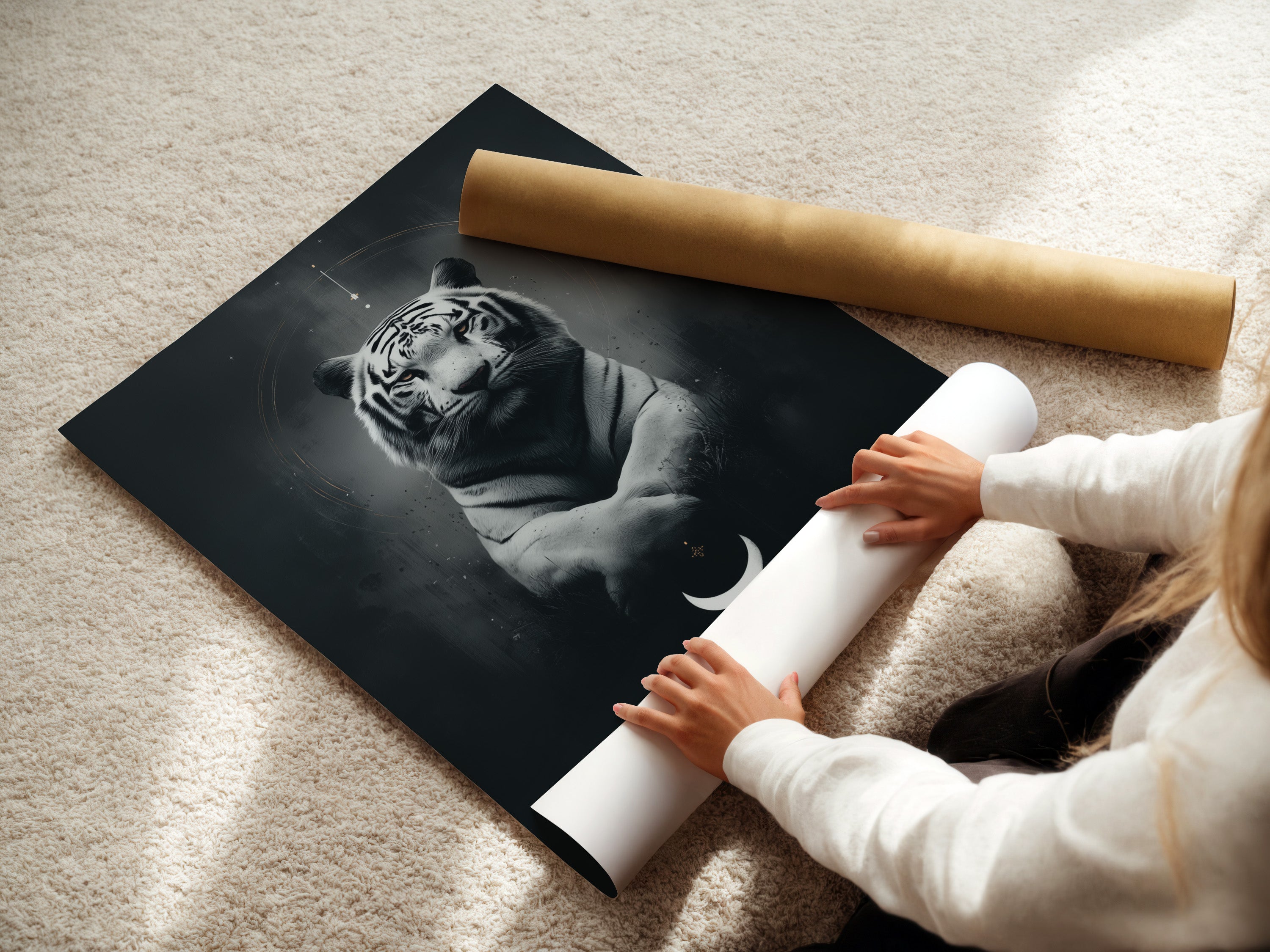 A woman carefully rolling a fine art poster paper. This is a high-quality material for your mystical tiger art. Perfect for creating stunning celestial wall art. Choose fine art poster paper for your spiritual decor needs.