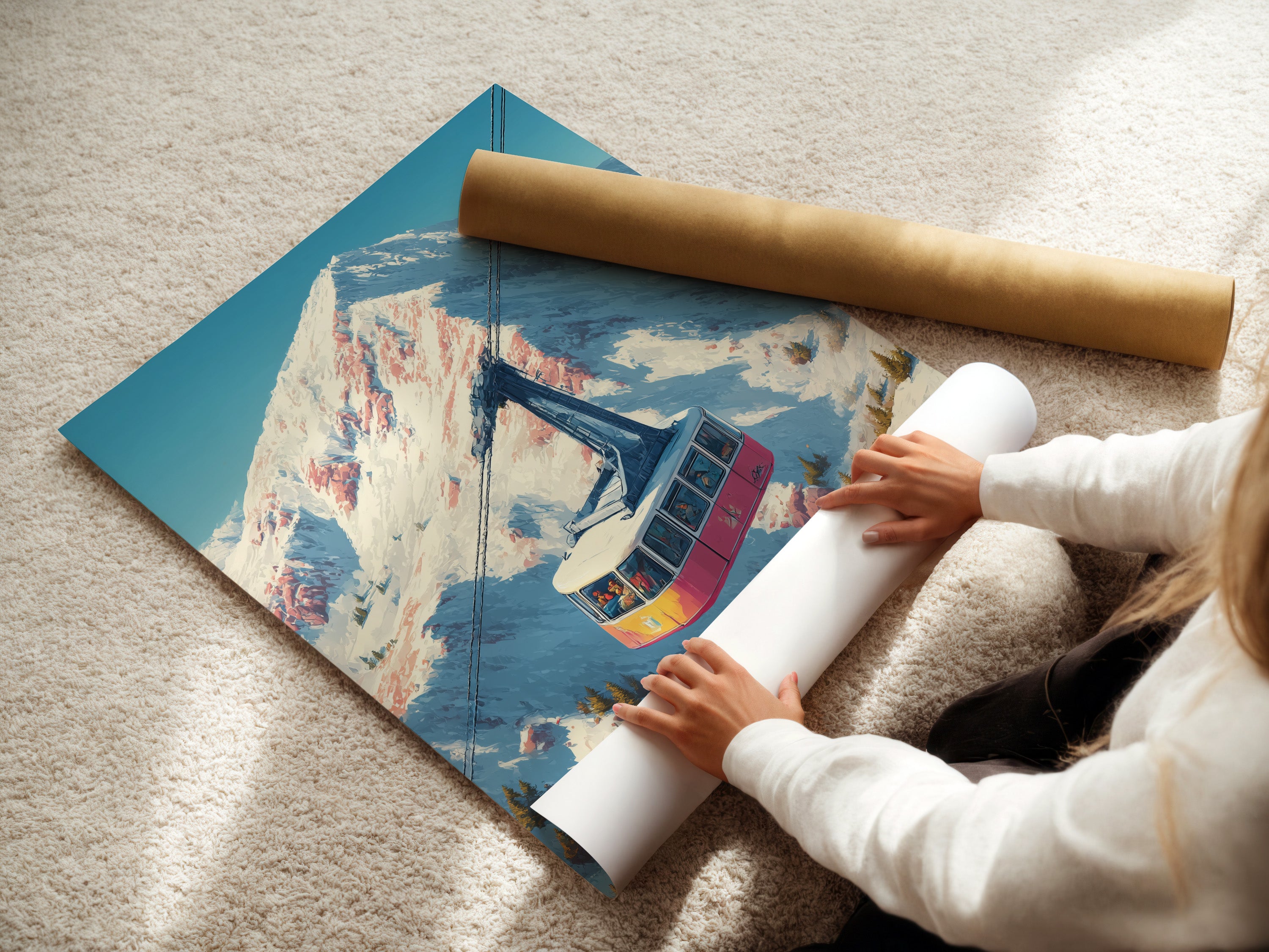 A woman rolls fine art poster paper. The paper features a vintage ski lift artwork print. Ideal for adding retro winter sports decor to any space. Great for cabin wall decor and mountain retreats.