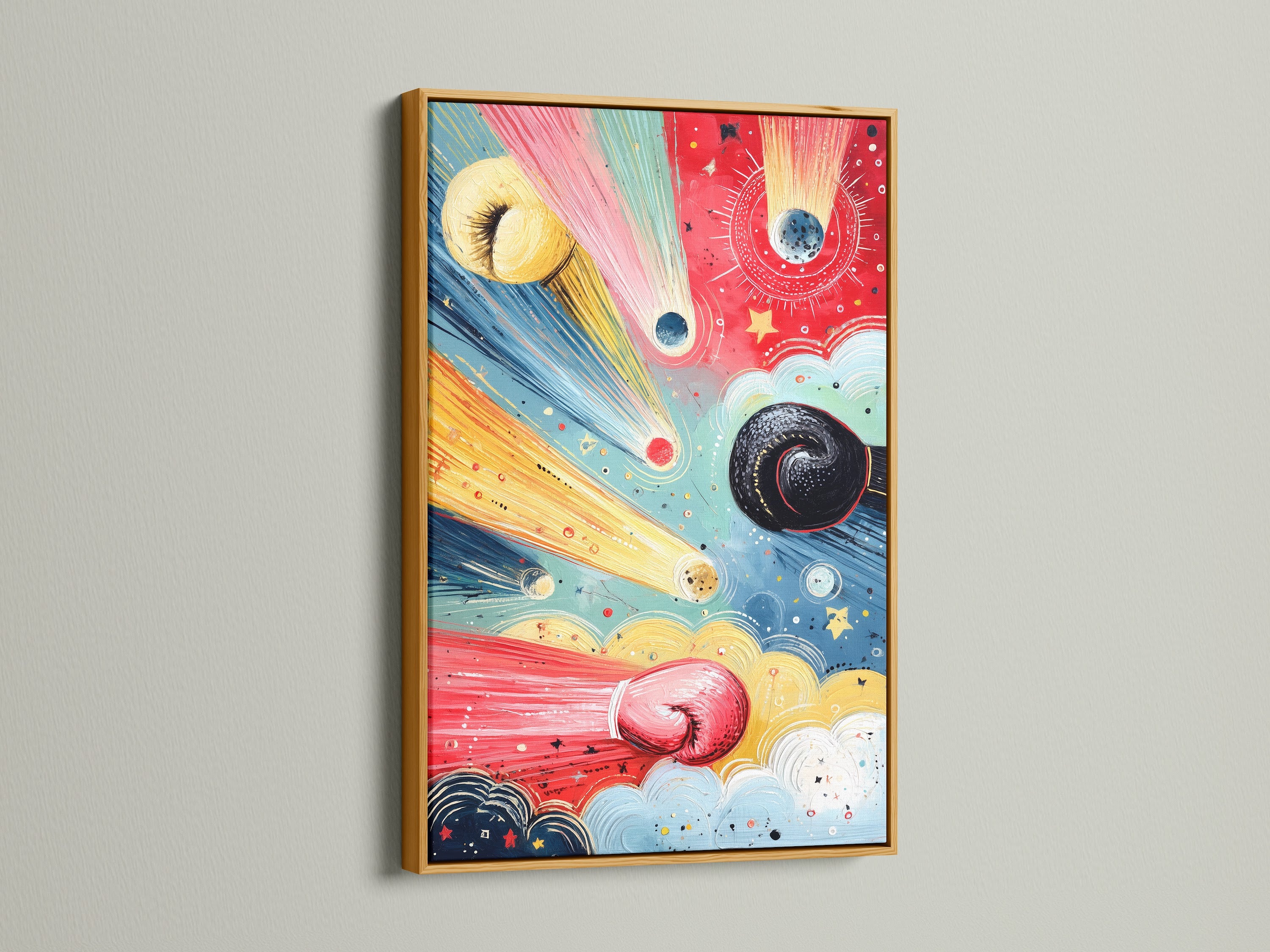 Abstract boxing gloves artwork in a gold frame. The gold frame adds a touch of elegance to the artwork. This sports canvas art is perfect for a luxurious space. It's suitable for living rooms bedrooms or offices. The gold frame enhances the artwork's vibrant colors. This artwork makes a statement in any room. Add a touch of sophistication to your walls.