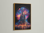 Gothic Cathedral art print in a gold frame. Cosmic stained glass wall art makes a statement. Mystical fantasy architecture canvas is perfect for eclectic styles. Gothic wall decor for any room.