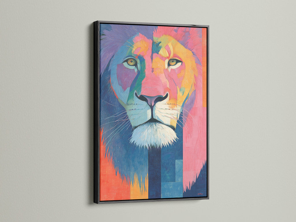 A bold lion artwork is elegantly displayed in a black frame. The black frame adds a touch of sophistication. It creates a strong contrast. This makes the colors pop. Experience the impact of a black frame.