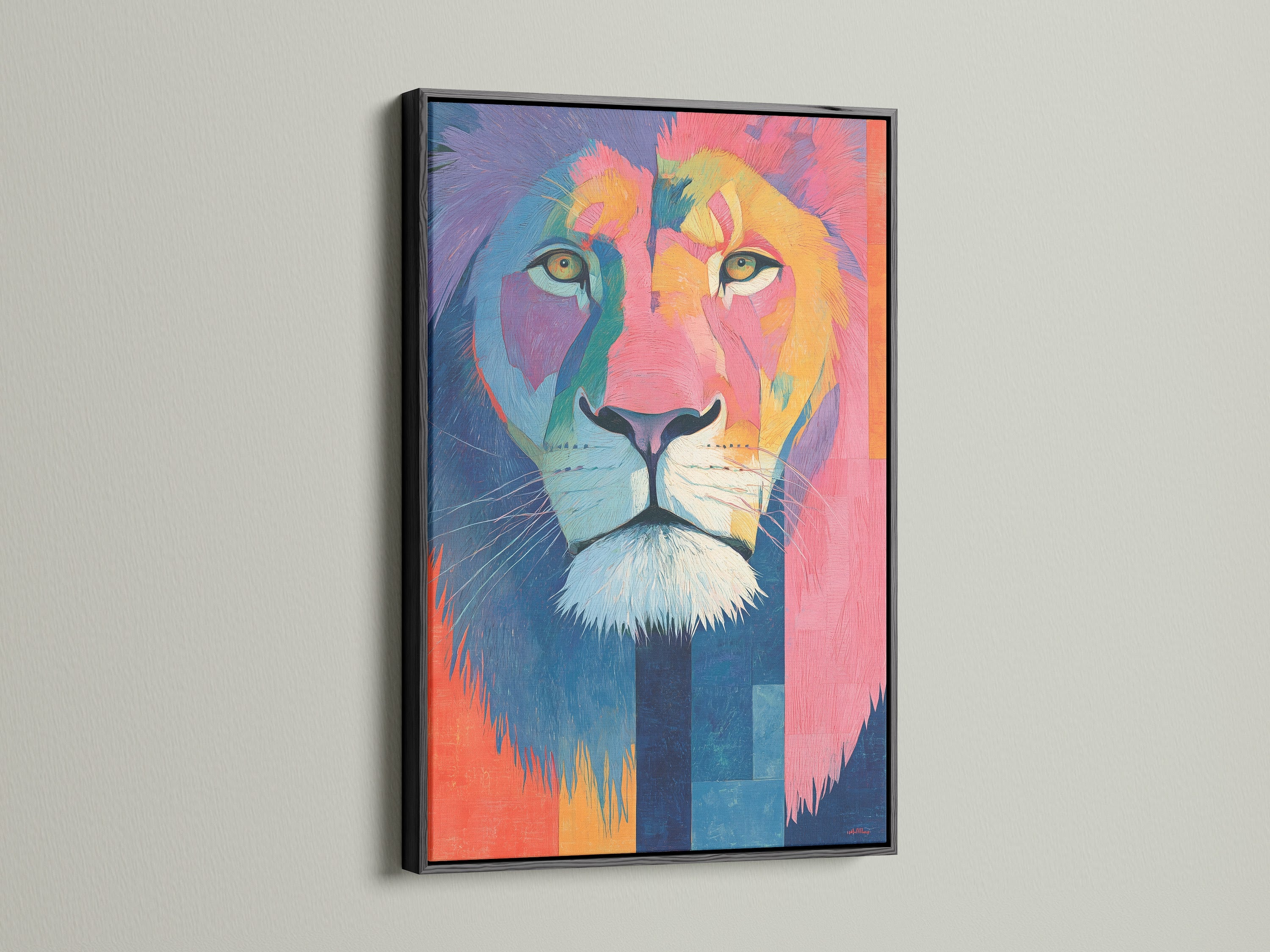 A bold lion artwork is elegantly displayed in a black frame. The black frame adds a touch of sophistication. It creates a strong contrast. This makes the colors pop. Experience the impact of a black frame.