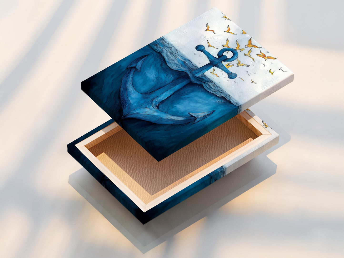 A stretched canvas print featuring an anchor artwork. This coastal wall art brings a nautical theme to any room. The ocean canvas enhances the ambiance of beach house decor. Perfect for bathroom wall art. It's a captivating piece for ocean art collectors.