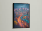 Cityscape art presented in a sleek black frame. The skyline canvas captures urban photography with teal and orange colors. Elevate your office wall decor with this striking piece. The black frame offers a bold contrast. Enhance your space