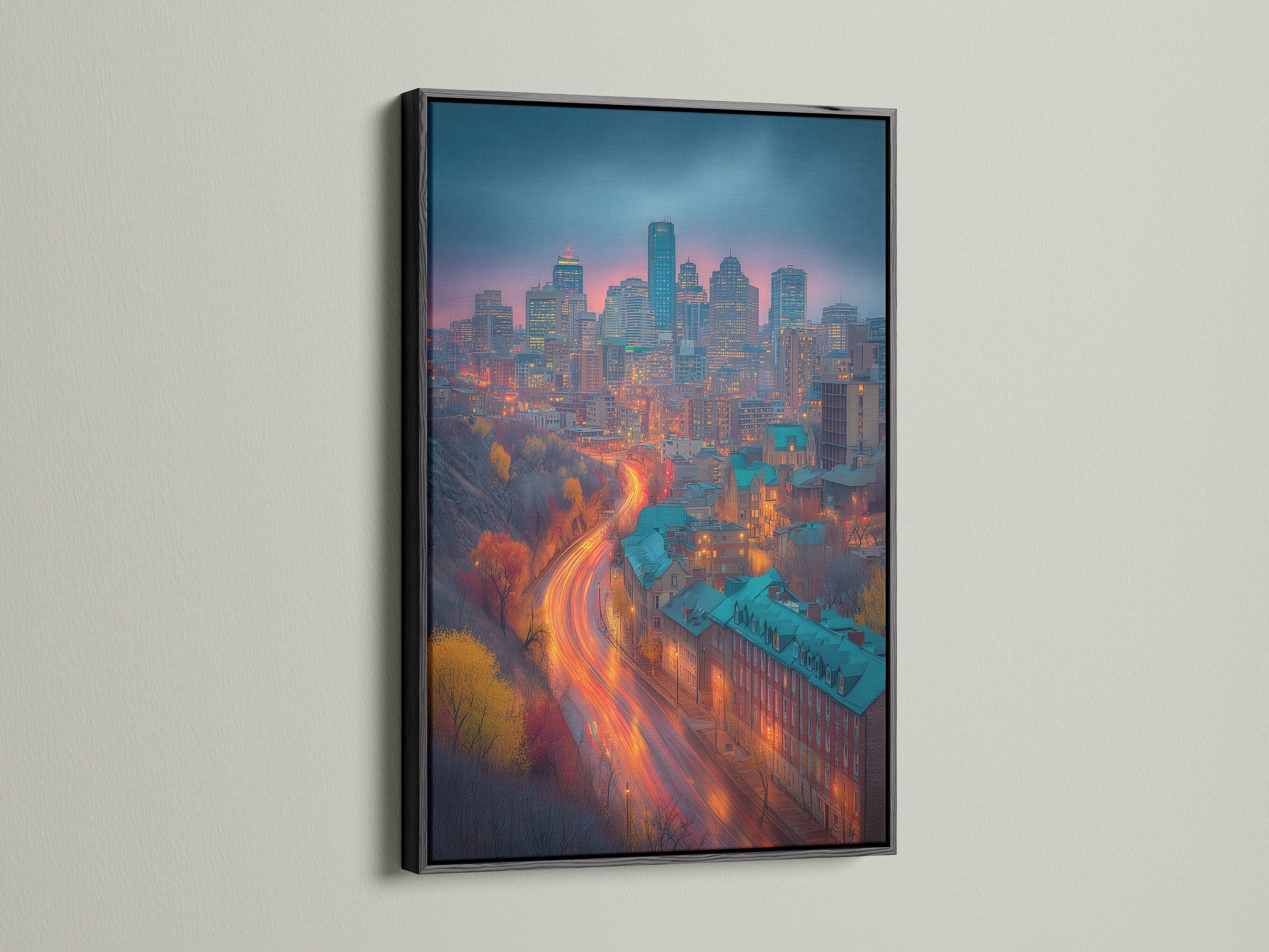 A black frame enhances this cityscape art. The urban skyline canvas features a beautiful teal and orange color scheme. It's a striking piece of modern wall decor and cityscape decor. Add this office art print to your space.