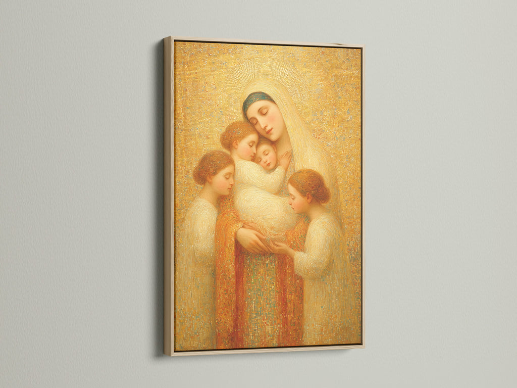 An oak frame showcases an artwork. The light wood grain complements the art. Oak frames offer a natural touch. Display your artwork in a beautiful oak frame. Enhance your home decor with framed art.