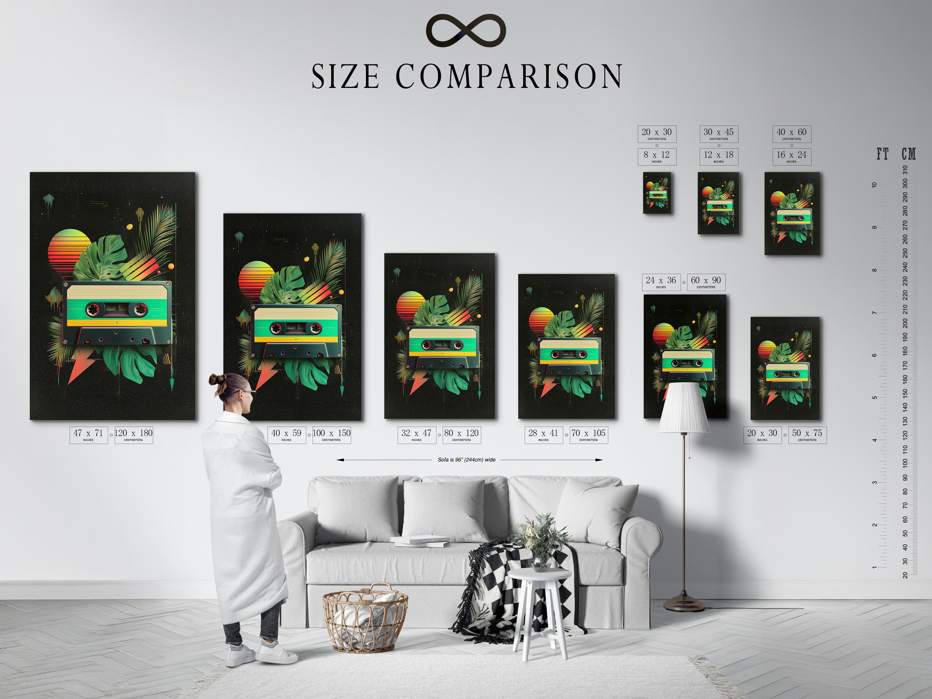 This size comparison chart helps you visualize the art in your space. See how different sizes fit in a room. Compare dimensions for stretched canvas prints and framed art. Find the perfect size for your artwork. Make confident art buying decisions.