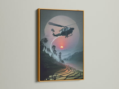 Bring a touch of elegance with Vietnam War Era Wall Art in a gold frame. The sunset aviation poster showcases a helicopter artwork. This military aircraft print offers a vintage yet stylish aesthetic.